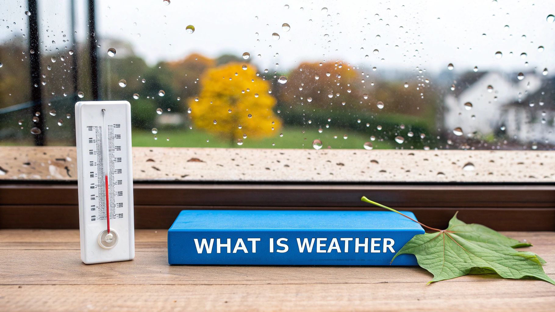 A thermometer, a blue book titled "WHAT IS WEATHER," and a green leaf on a rainy windowsill.