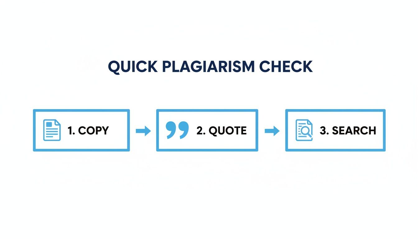 Infographic showing a quick plagiarism check process: copy text, add quotes, then search.