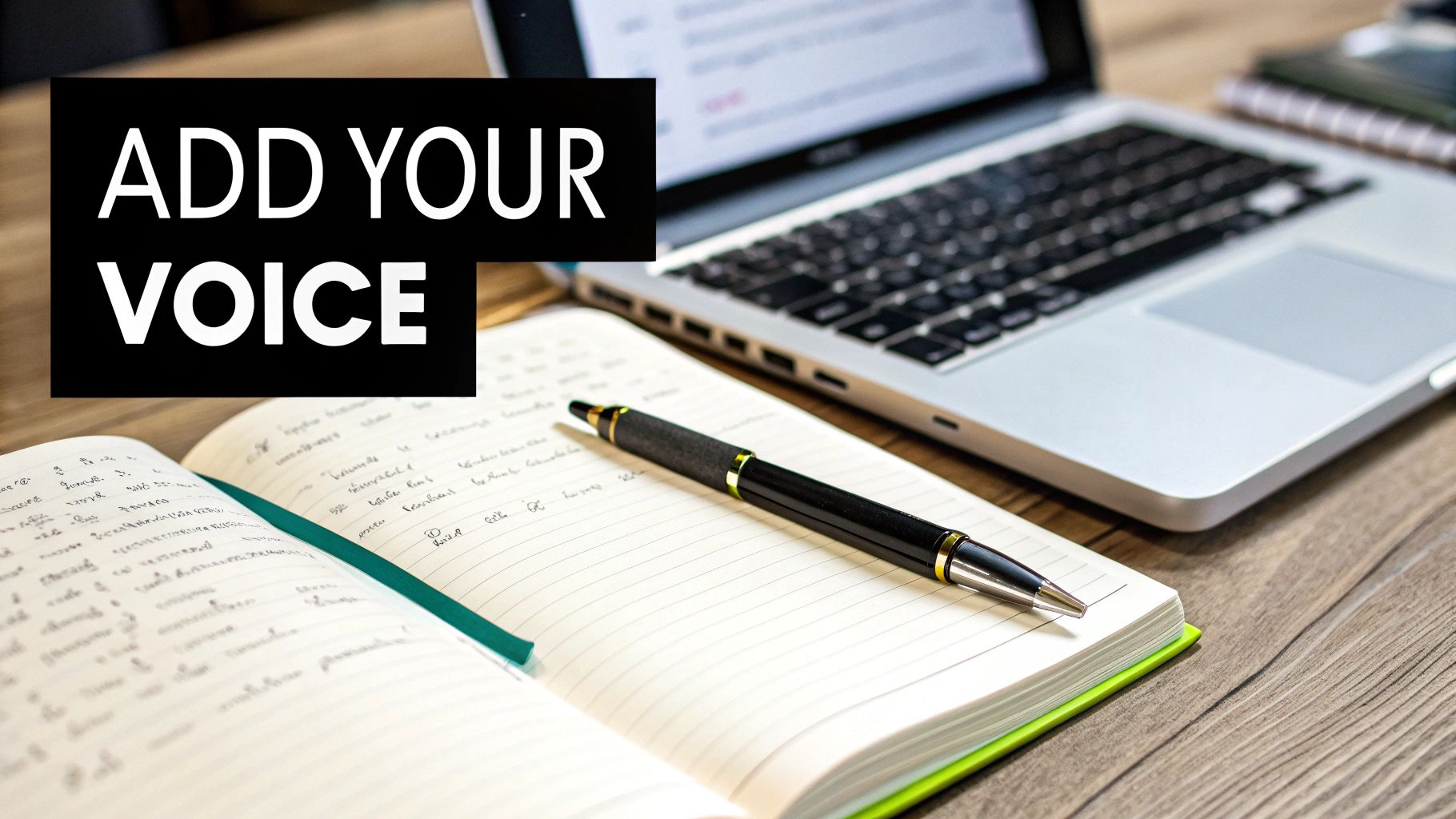 An open notebook with a pen, a laptop, and the prominent text 'ADD YOUR VOICE' on a dark background.