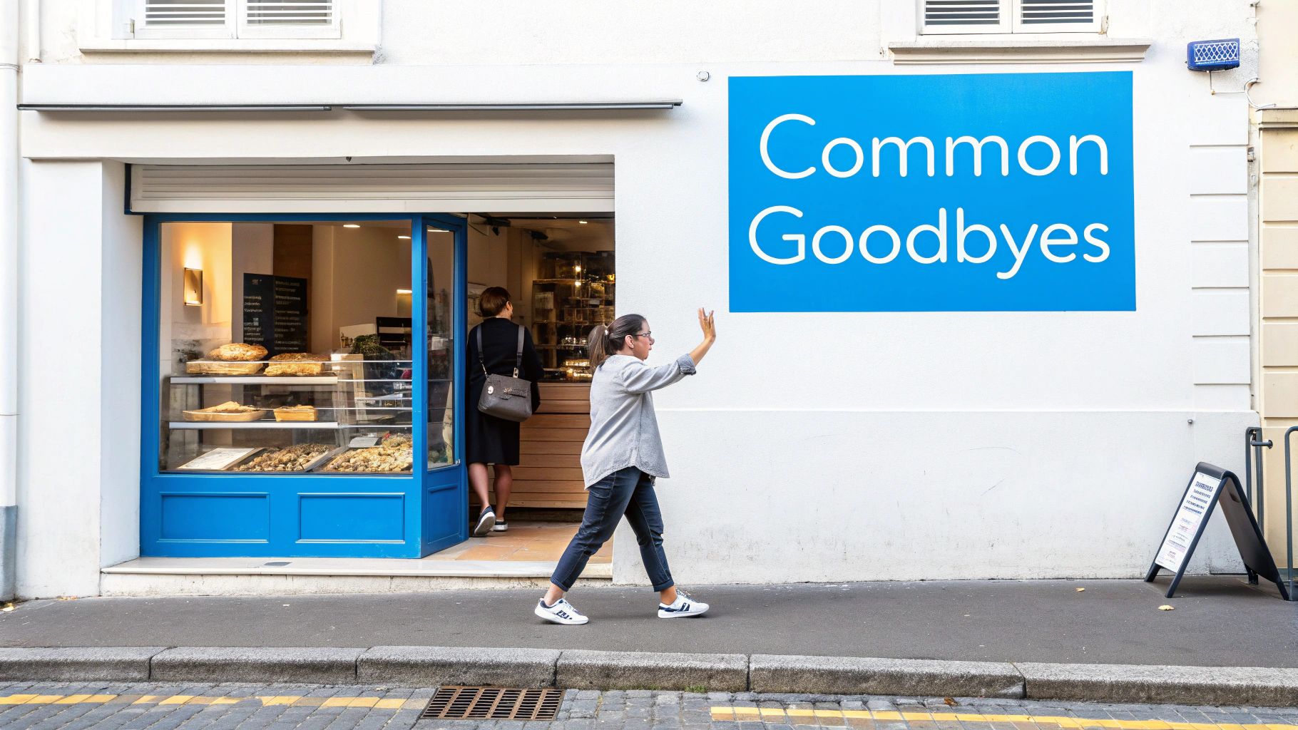Person waving goodbye while walking past blue bakery storefront with Common Goodbyes sign