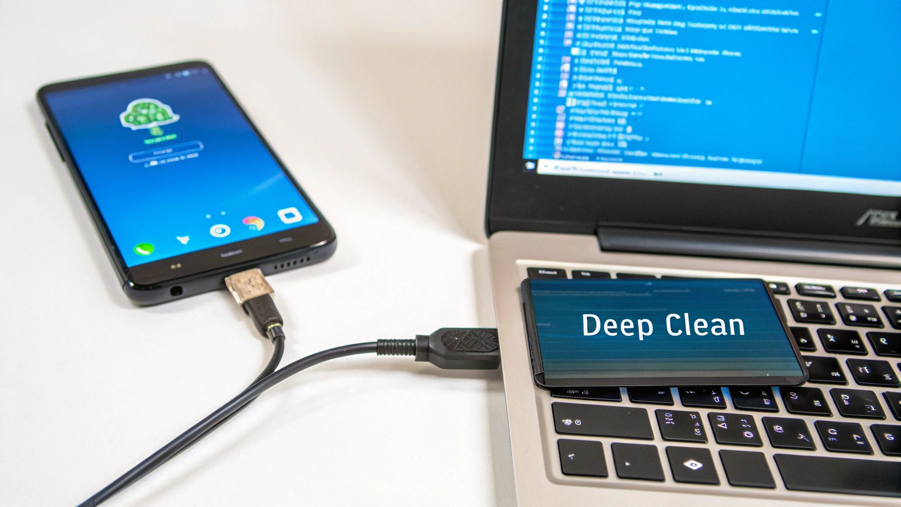 A person using a laptop connected to an Android phone, representing a more technical process like using ADB.
