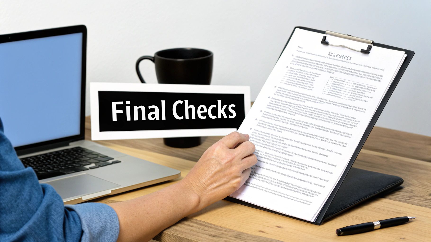 A person's hand reviews documents on a clipboard next to a laptop, a coffee mug, and a 'Final Checks' sign.