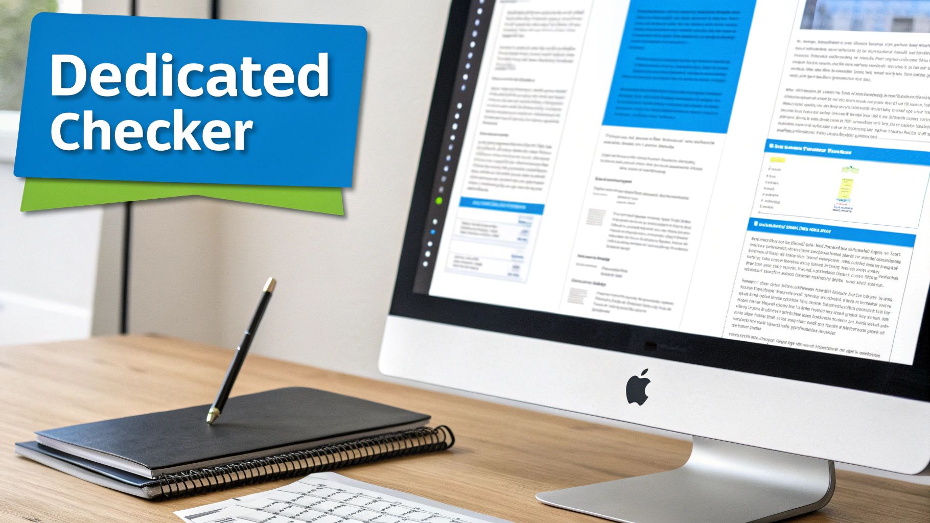 Professional desk setup with an iMac displaying a document, notebook, and pen, with a 'Dedicated Checker' banner.