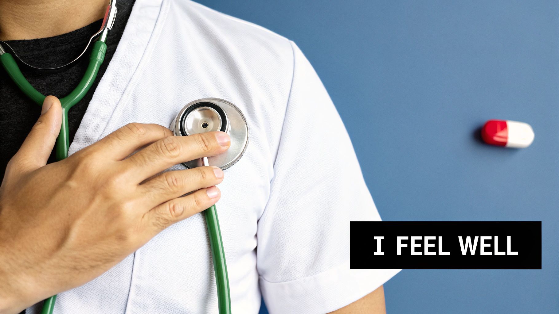 A doctor in a white coat holds a stethoscope to their chest, with a pill and 'I FEEL WELL' text.