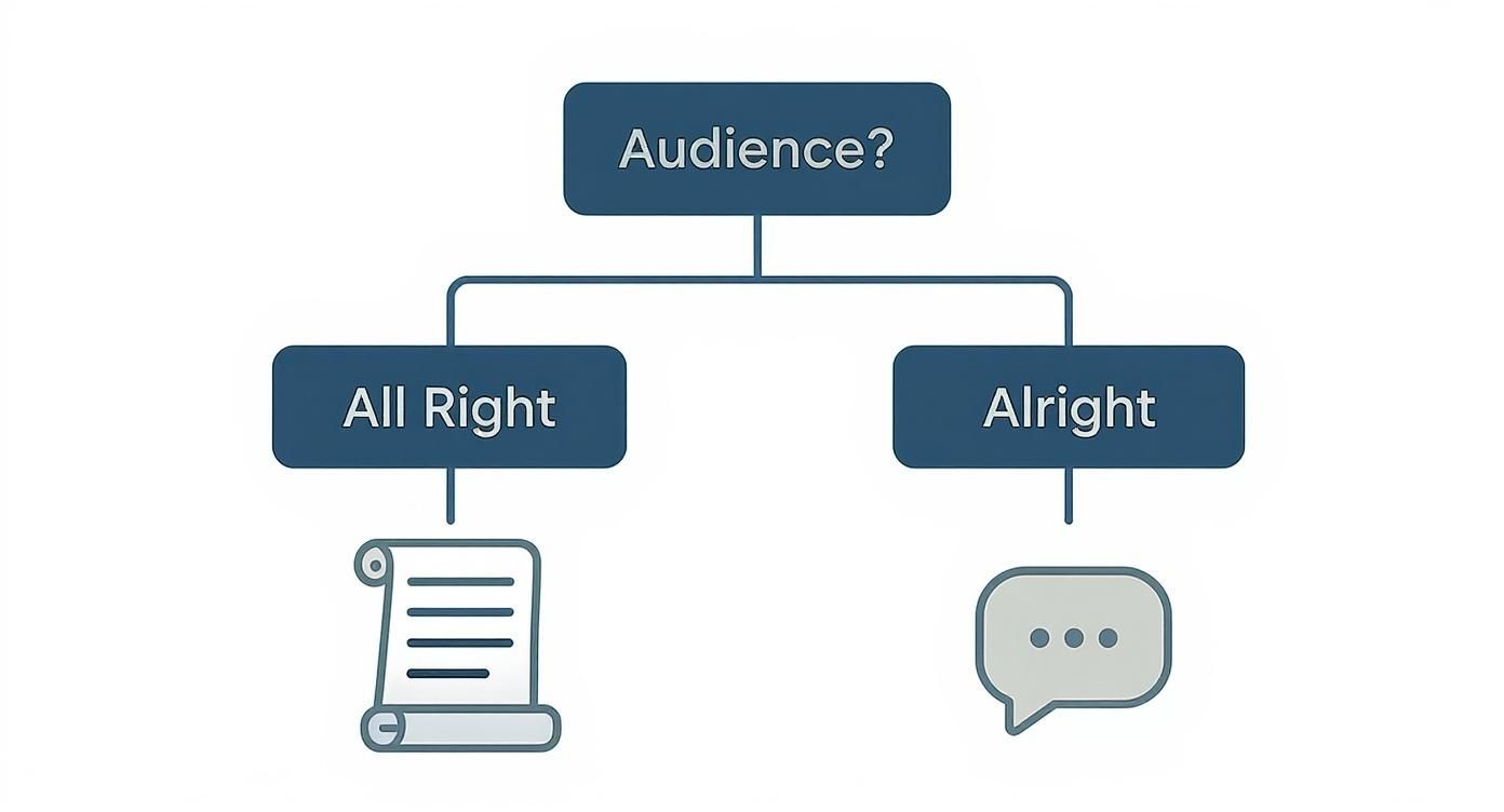 A diagram distinguishes 'All Right' for formal writing (document icon) and 'Alright' for informal speech (chat icon).