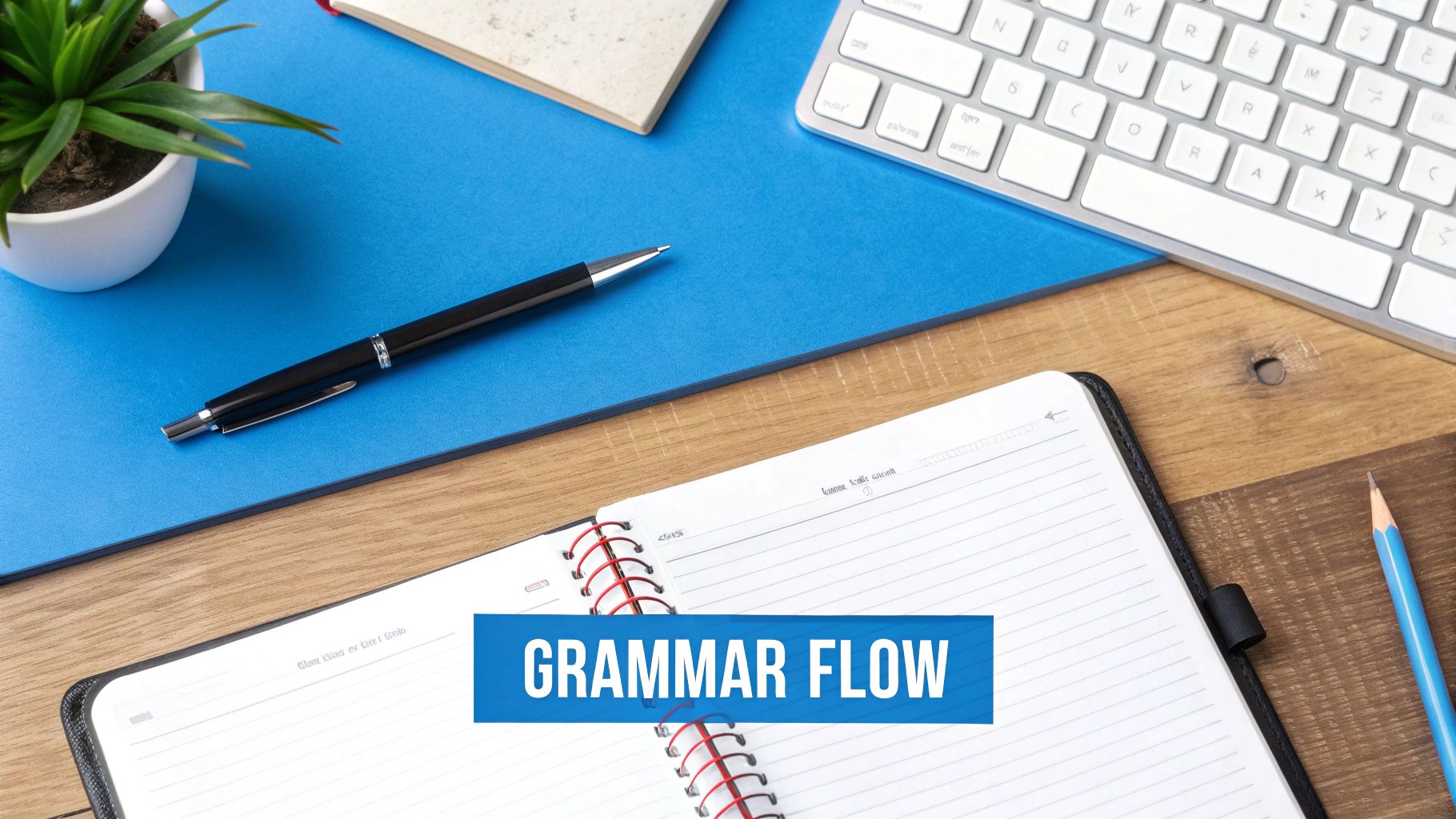 Overhead view of a study desk with an open notebook displaying 'GRAMMAR FLOW', a pen, keyboard, and plant.