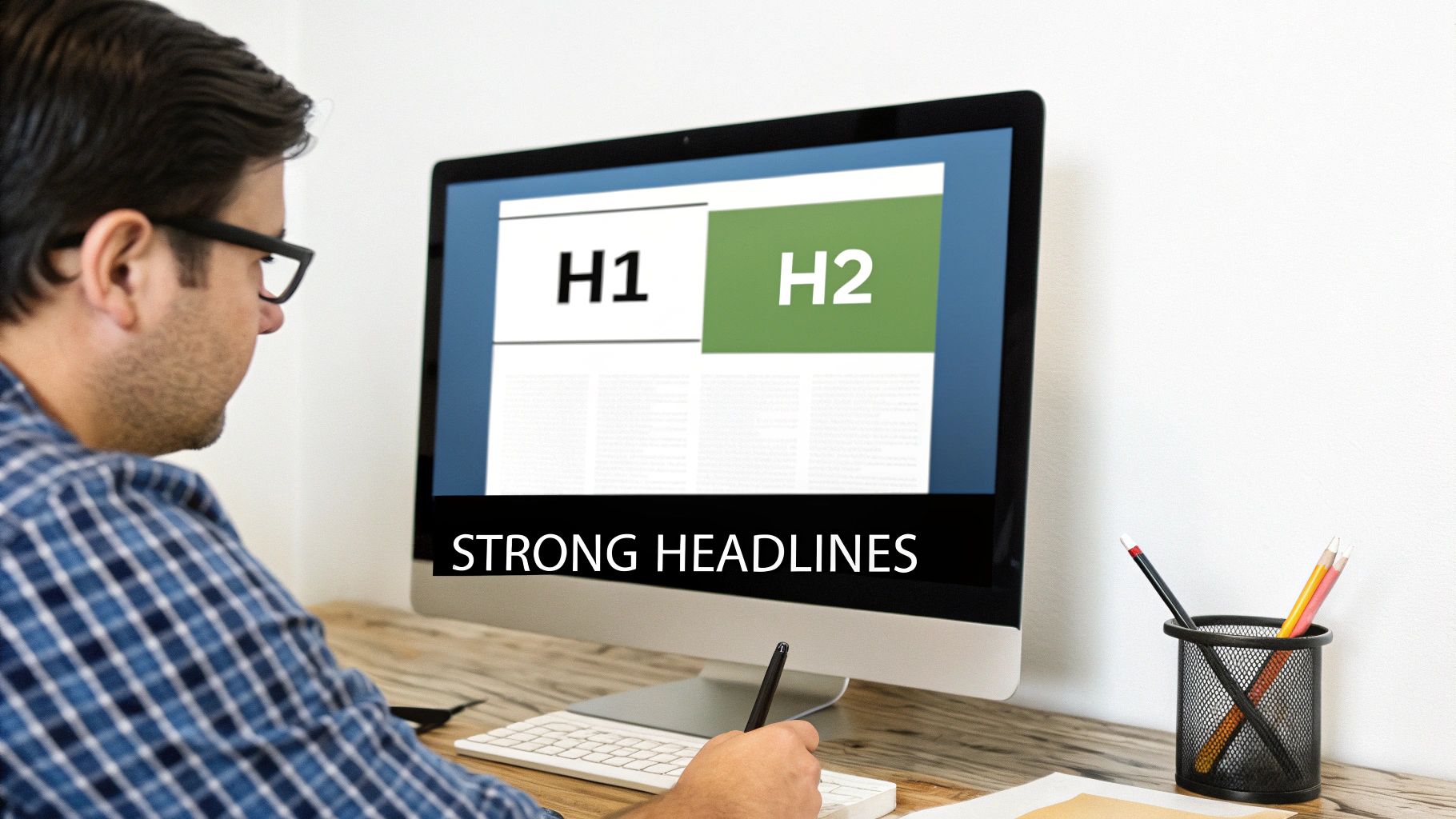 A man in glasses works on a computer showing H1, H2, and 'STRONG HEADLINES' on screen.