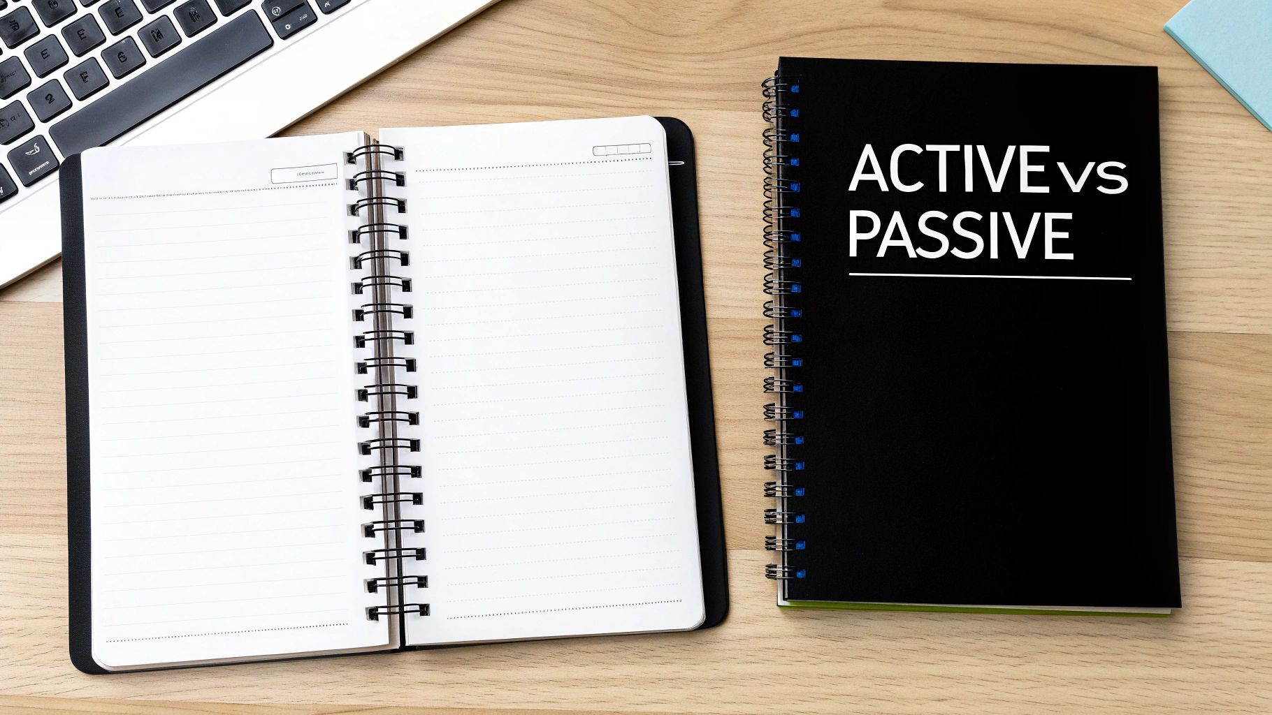Two spiral notebooks on a wooden desk, one open, the other titled 'ACTIVE vs PASSIVE'.
