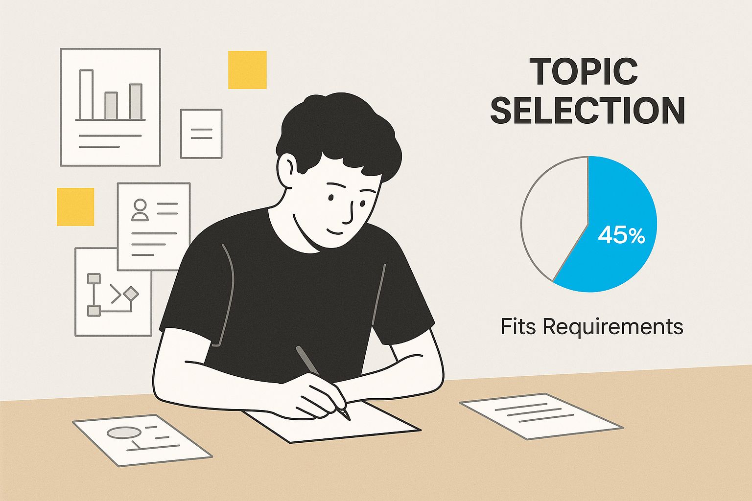 Infographic showing a student brainstorming with sticky notes and sketches for their research paper topic.