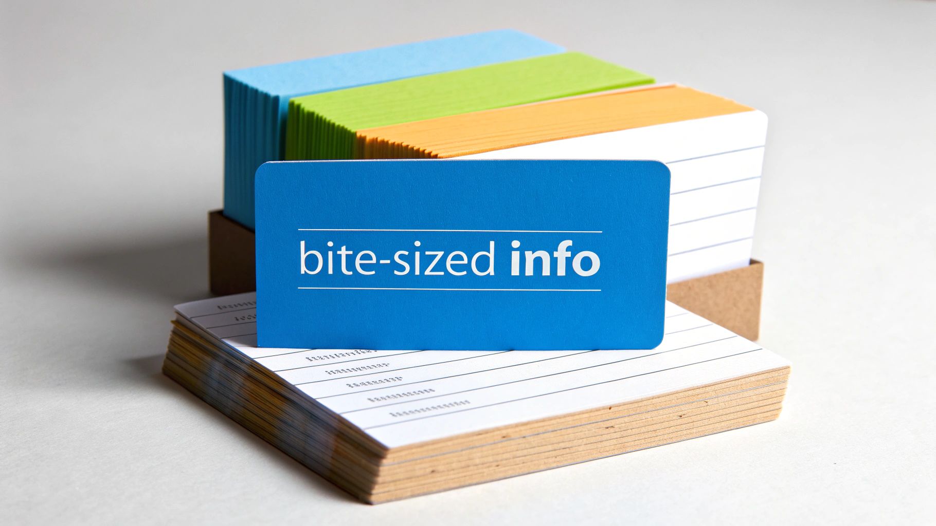 A blue index card with 'bite-sized info' text on colorful and white lined cards.