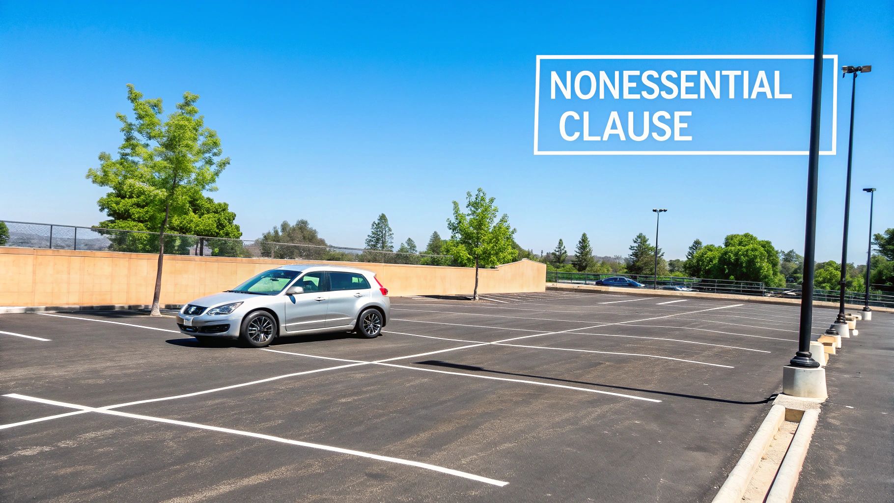 Silver car parked in mostly empty parking lot with nonessential clause text overlay