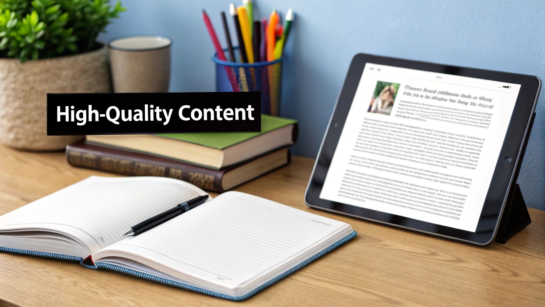 A modern desk setup with a tablet, open notebook, books, and a plant, displaying 'High-Quality Content'.