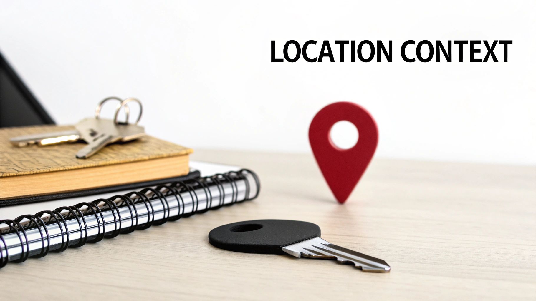 Image showing a red map pin, keys, notebooks, and 'LOCATION CONTEXT' text on a light wooden table.