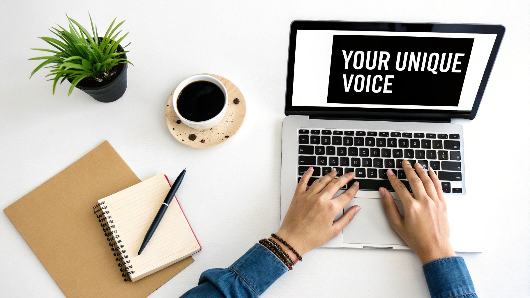 Overhead shot of hands typing on a laptop displaying 'YOUR UNIQUE VOICE', with coffee and notebook.