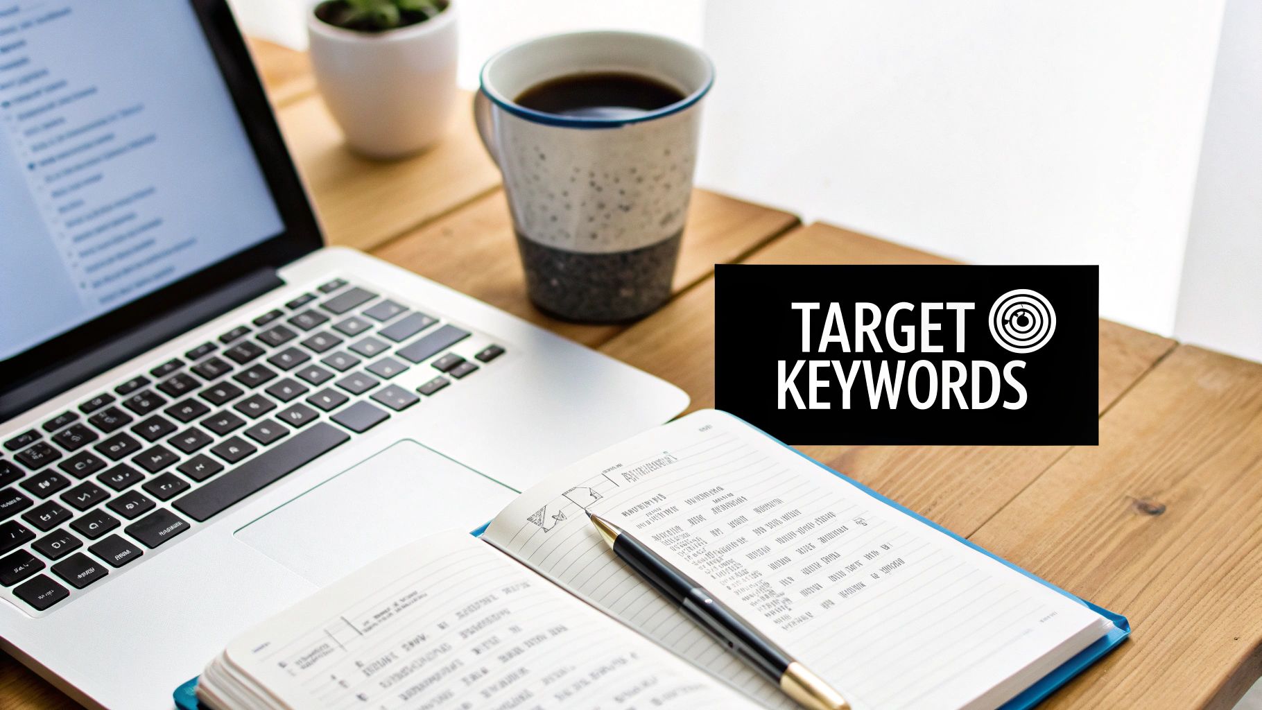 A workspace with a laptop, coffee, notebook, pen, and 'TARGET KEYWORDS' overlay.