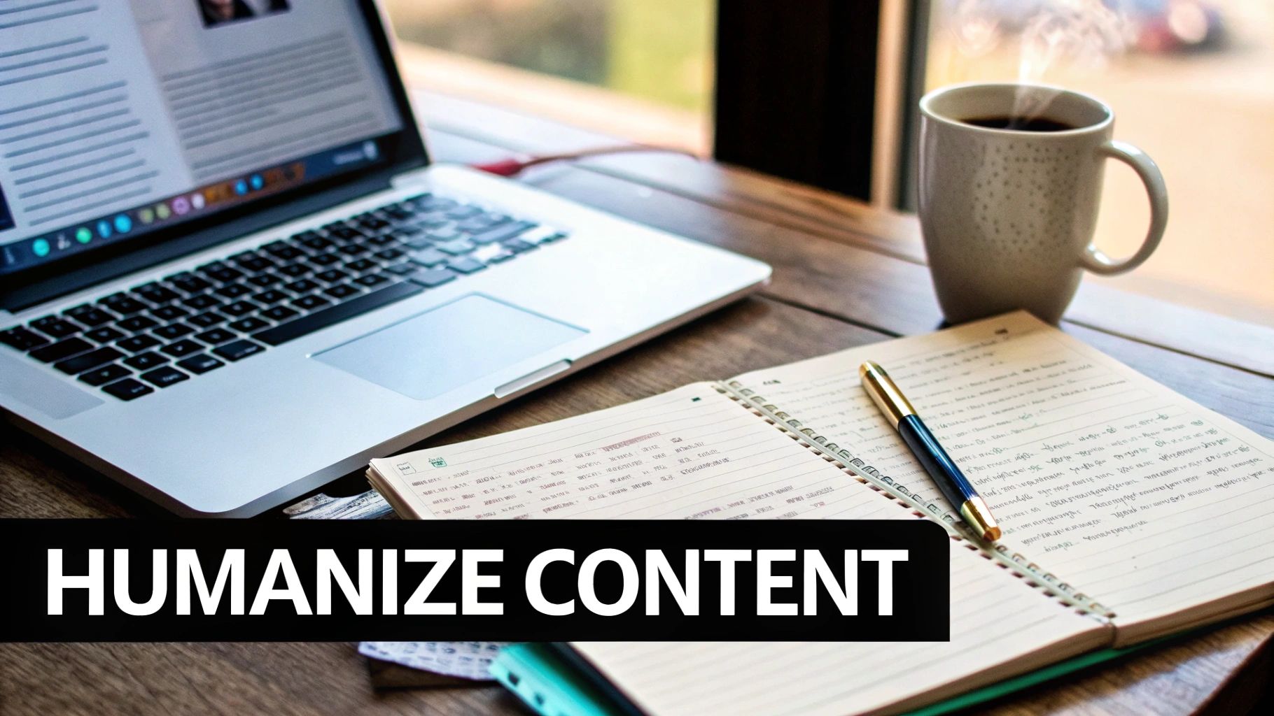A cozy workspace with a laptop, open notebook, pen, and steaming coffee mug on a wooden desk, featuring 'HUMANIZE CONTENT' text.