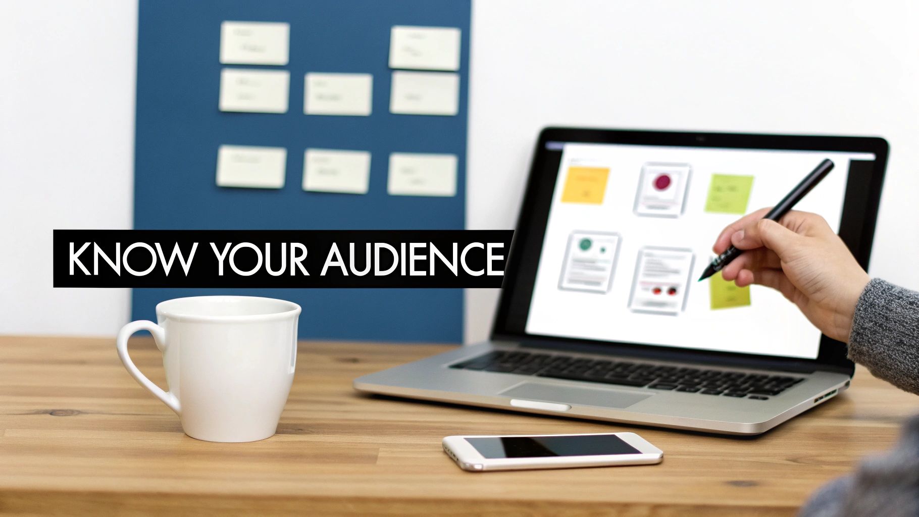 Hand using a stylus on a laptop showing 'KNOW YOUR AUDIENCE' text, with coffee and phone on a desk.