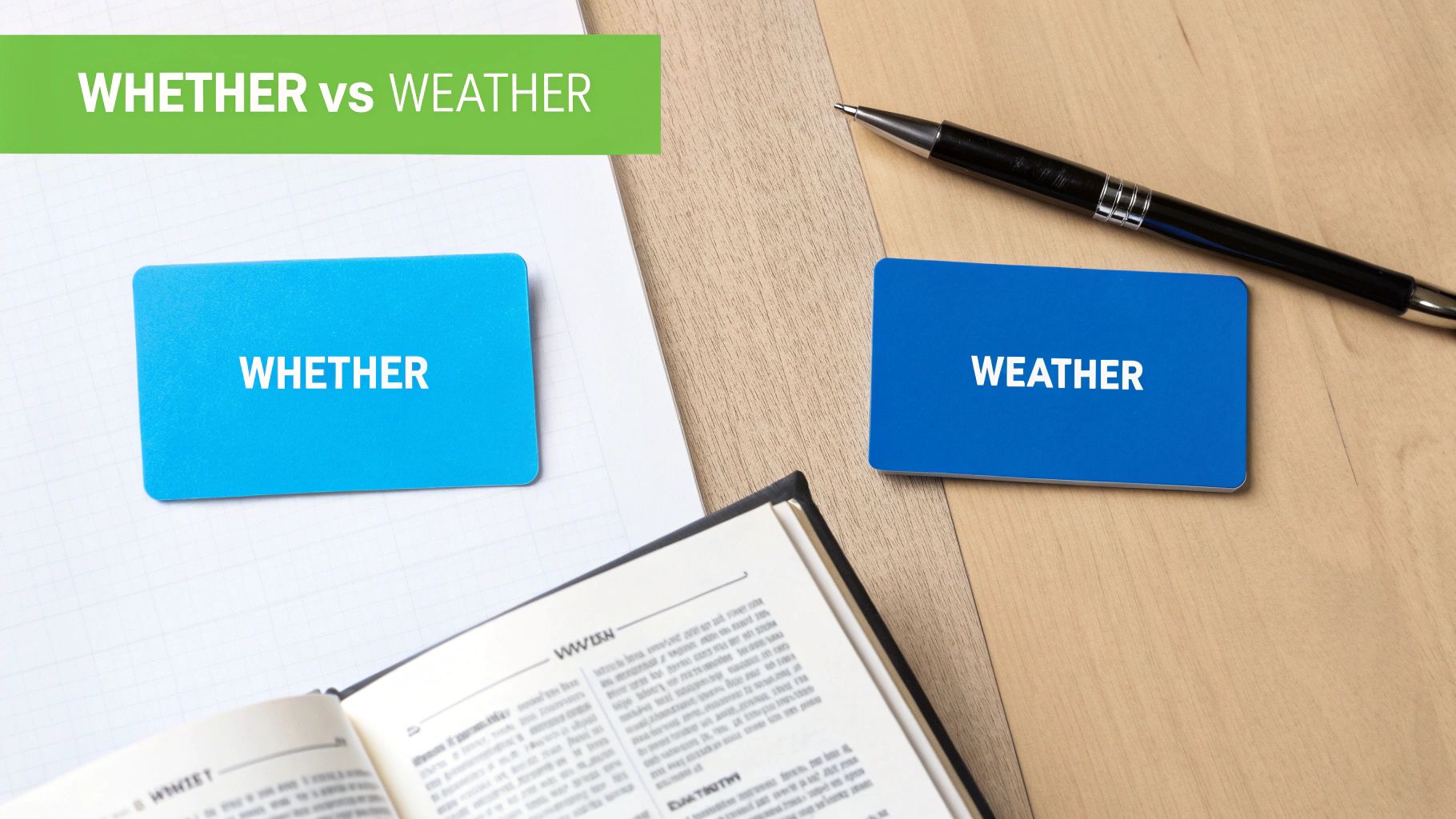 Two blue cards with 'WHETHER' and 'WEATHER' shown, comparing the homophones on a desk.