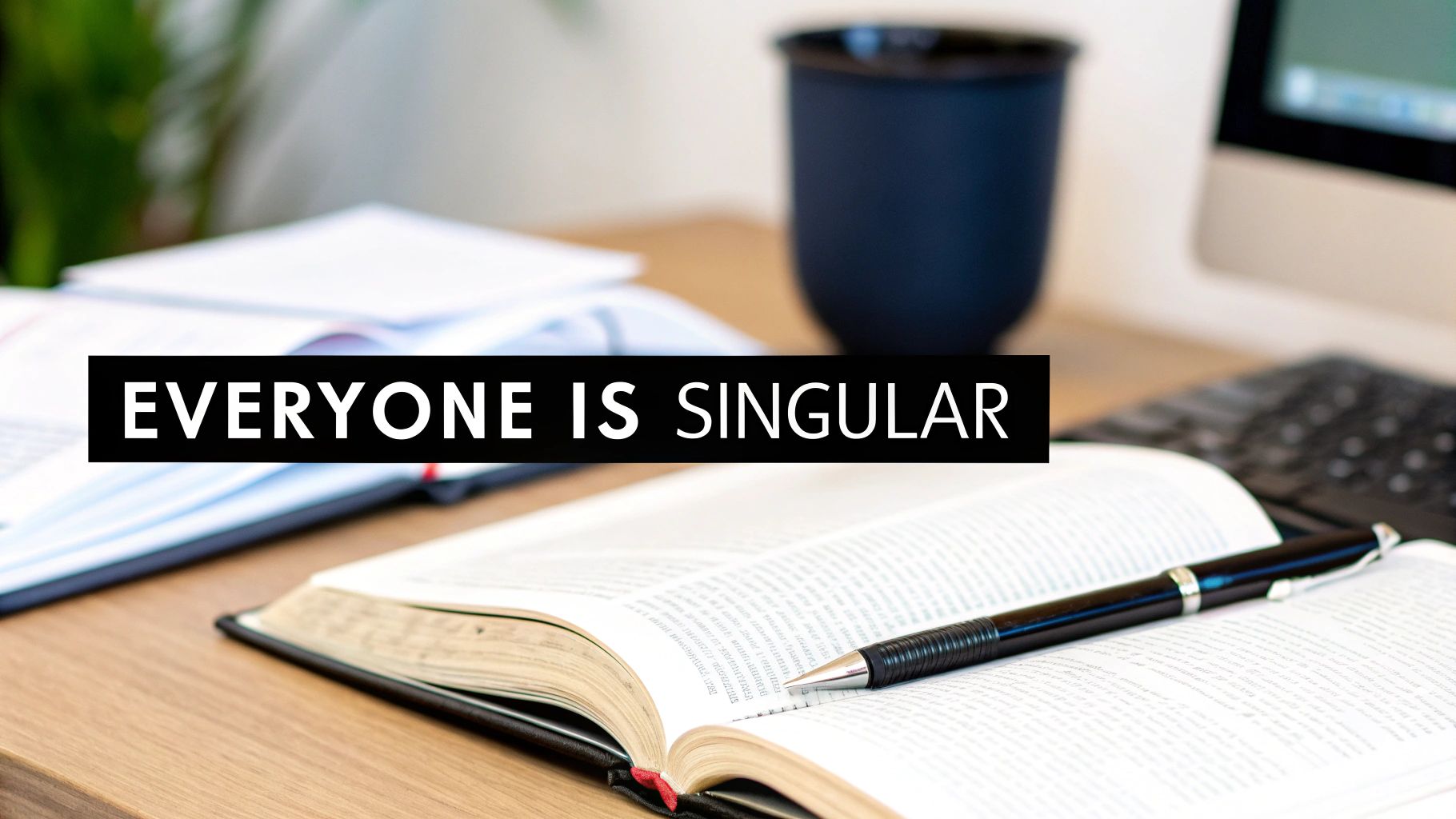 A desk with an open book, a pen, and a coffee cup, featuring the text 'EVERYONE IS SINGULAR' in a black box.