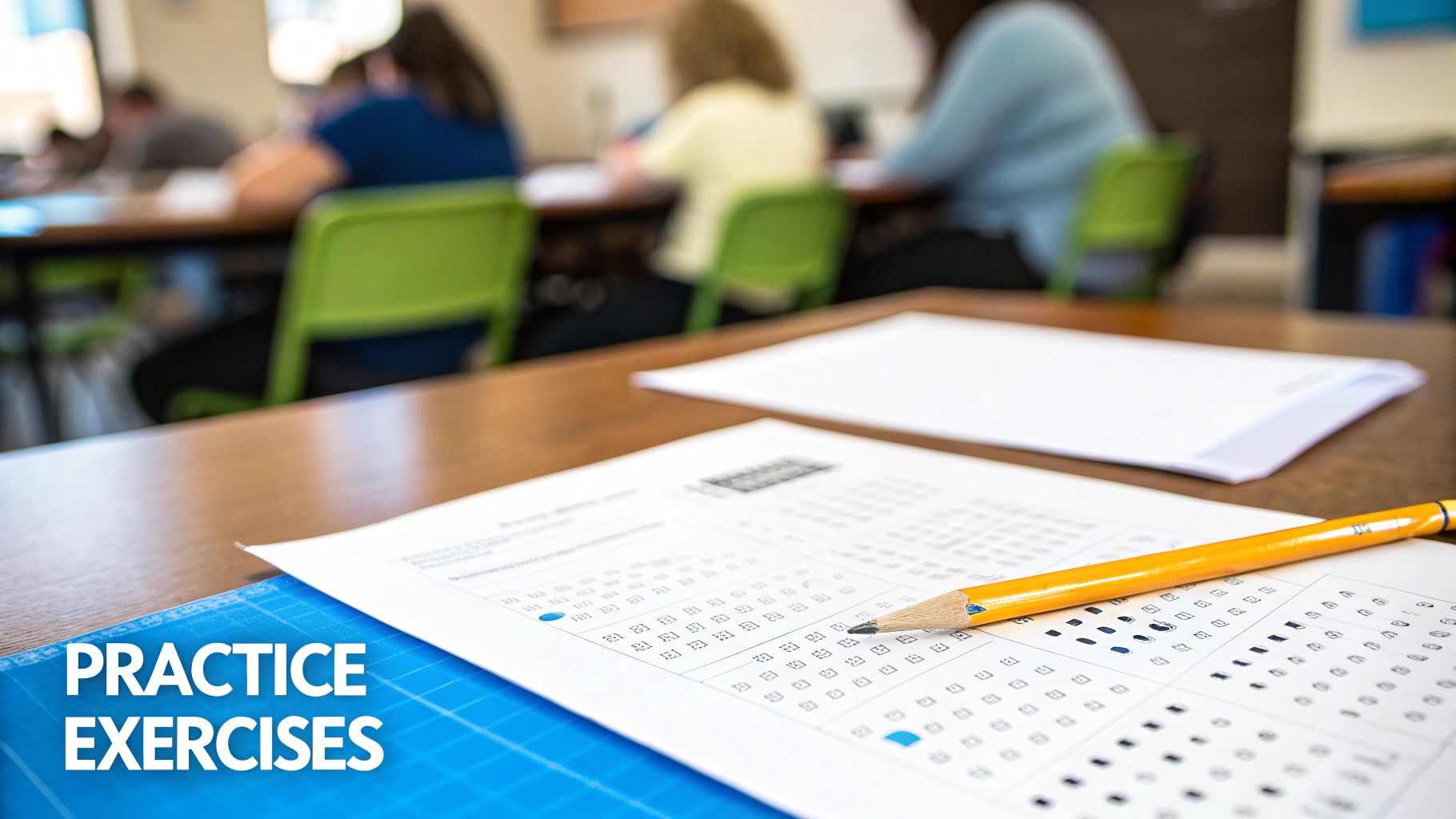 Student desk with practice exercise worksheets, pencils, and bubble answer sheet in classroom setting