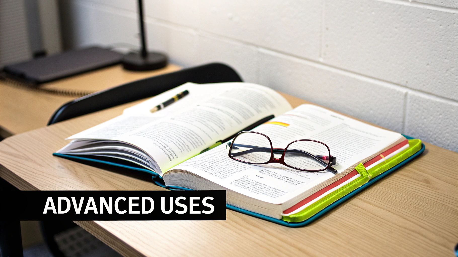 An open textbook with reading glasses and a pen on a wooden desk, perfect for studying.