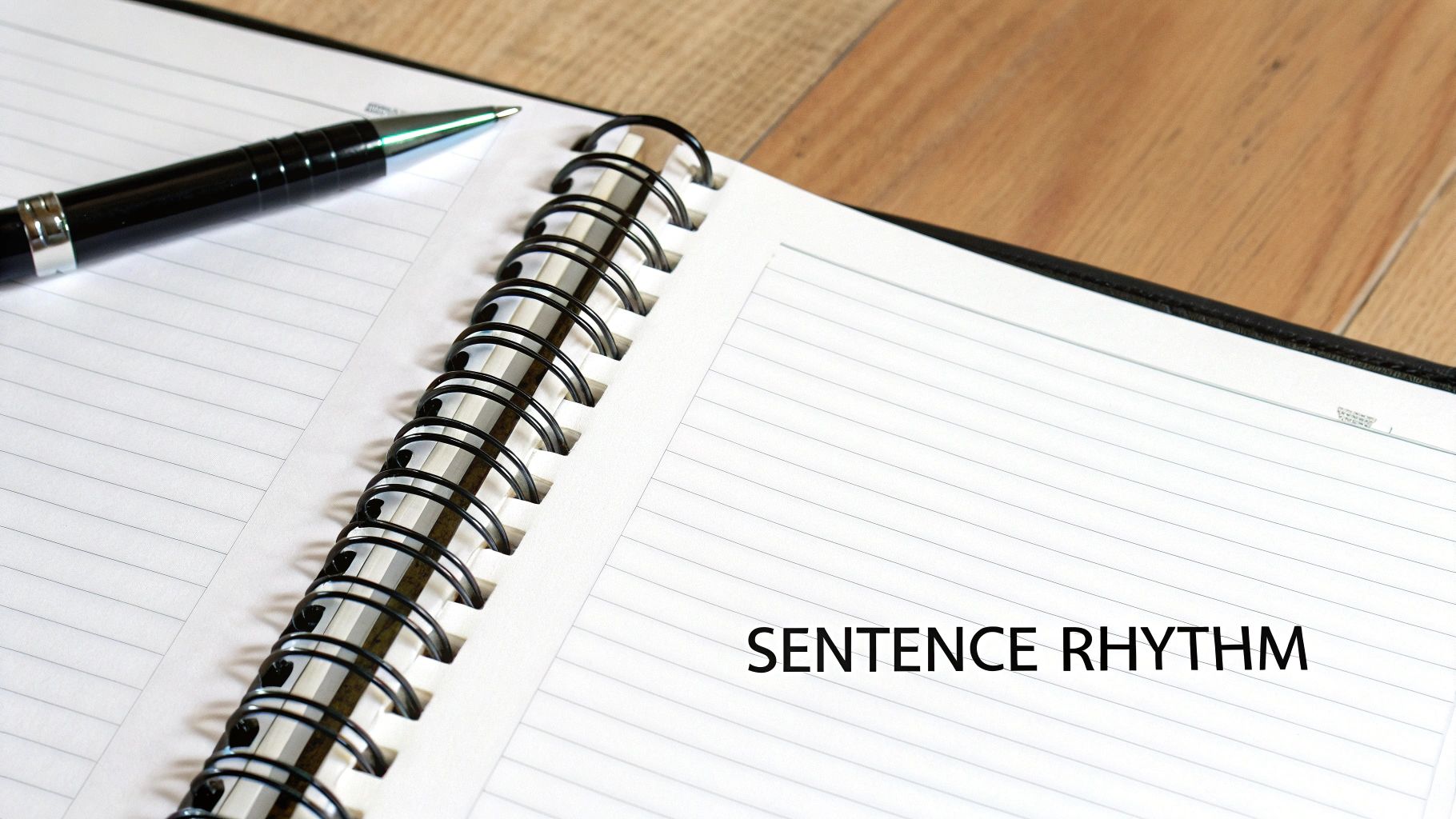 A black pen lies on a lined page of a spiral-bound notebook with 'SENTENCE RHYTHM' written.