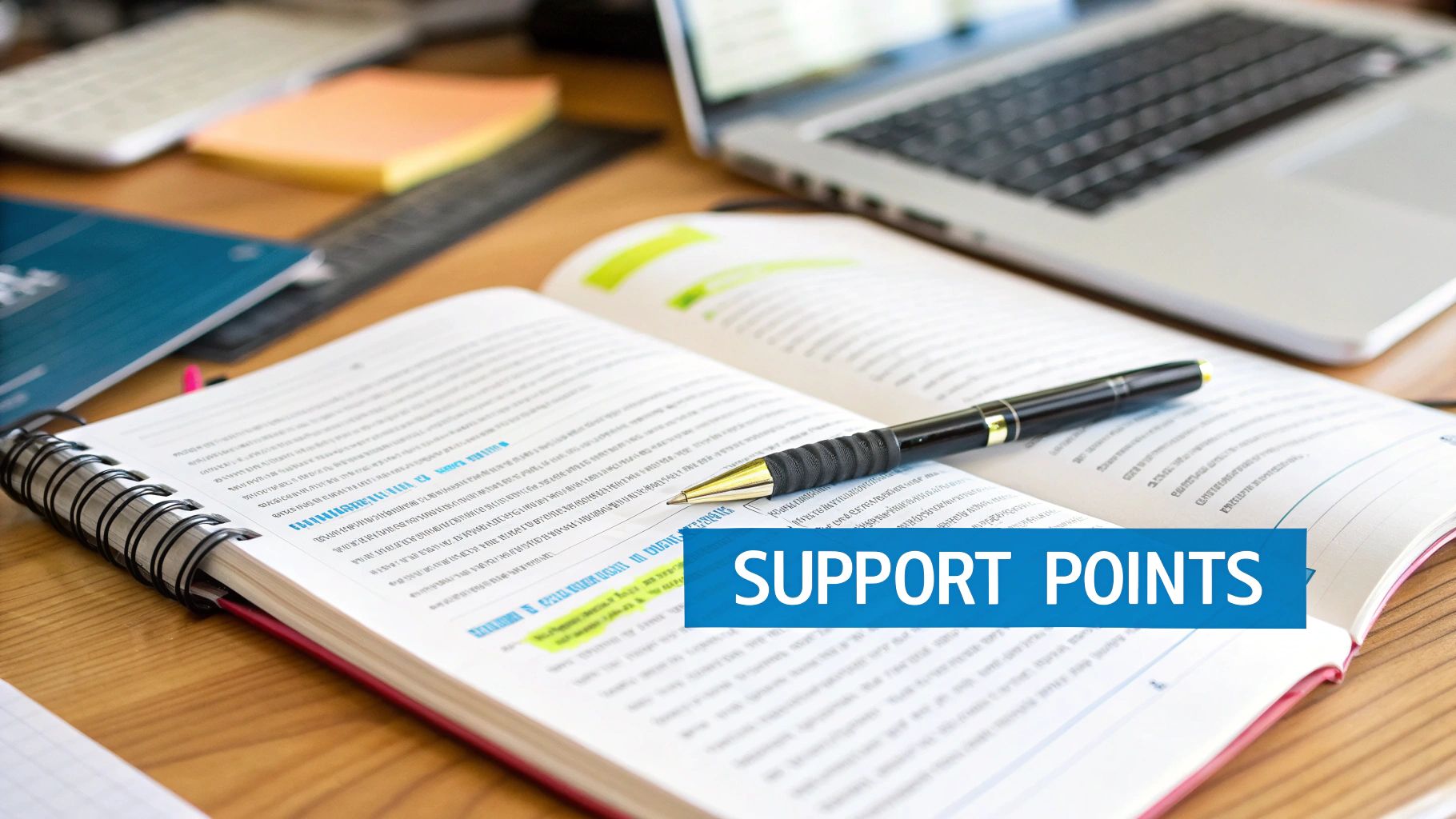 An open notebook with a pen on a wooden desk, surrounded by study materials and a laptop.