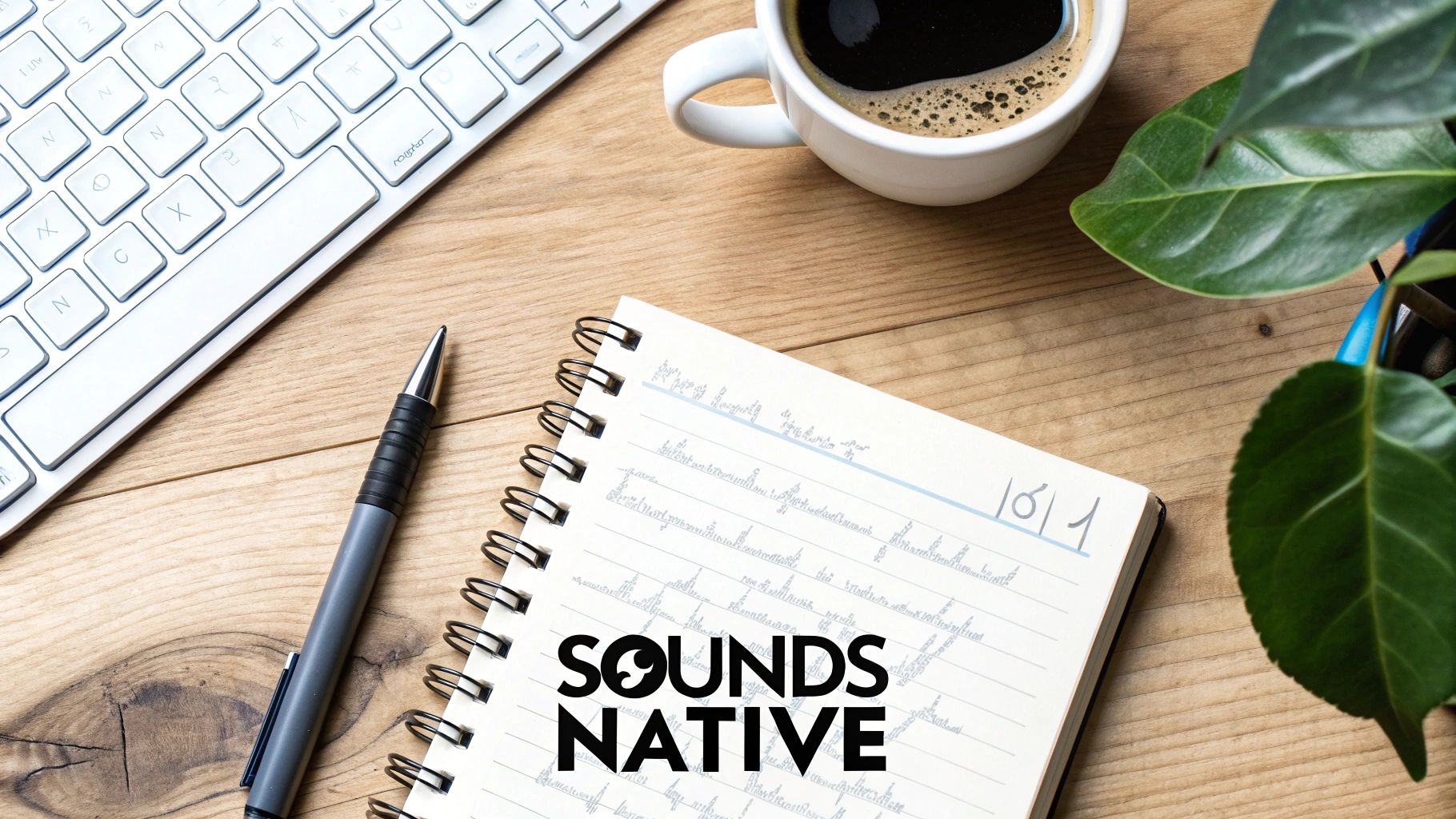 Flat lay of a modern workspace with a white keyboard, coffee, pen, notebook, and plant.