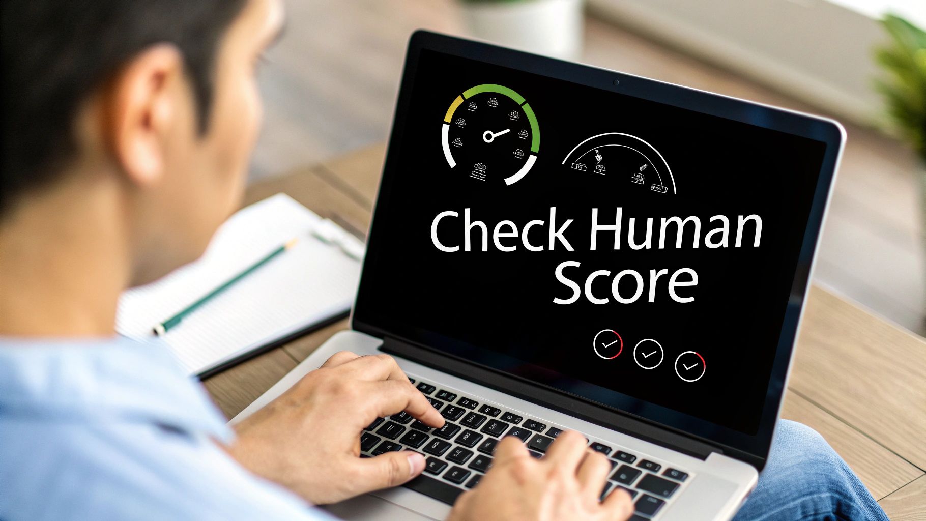 Person typing on a laptop screen displaying 'Check Human Score' with gauges and checkmarks.