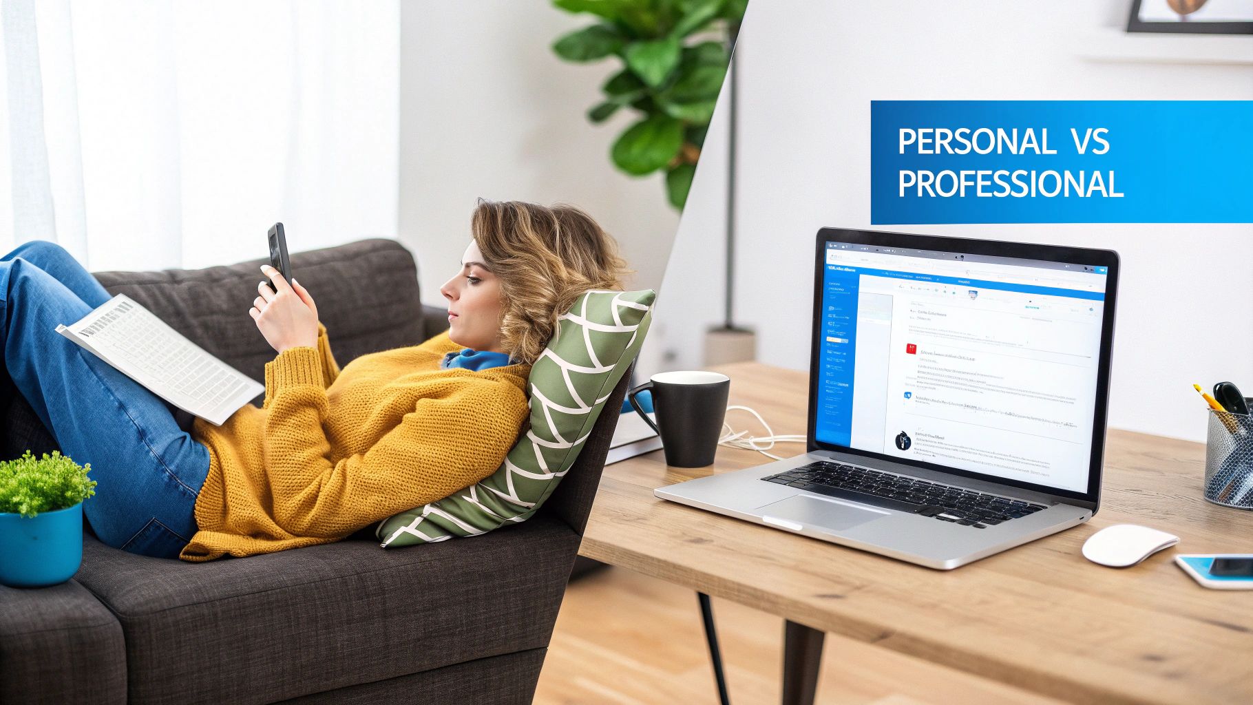 Woman relaxing on couch with phone while laptop displays professional workspace setup nearby