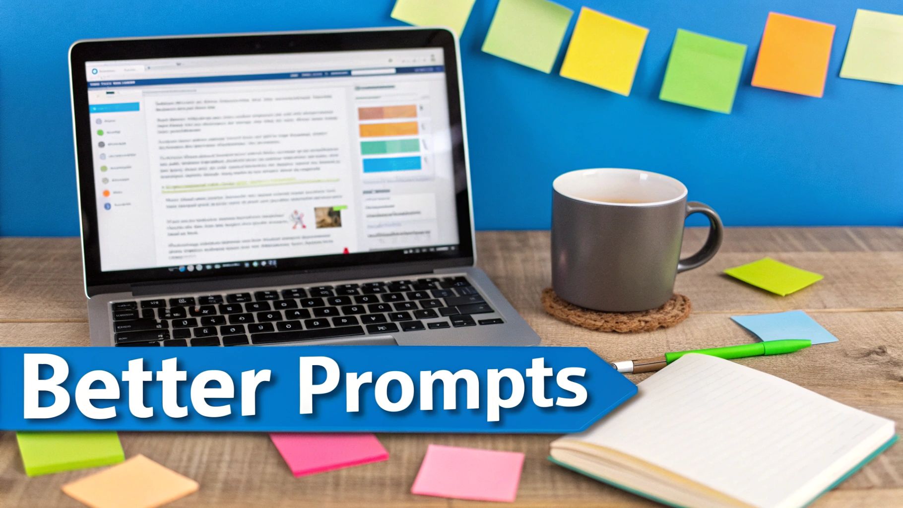 A person typing on a laptop with lines of code and text overlays, symbolizing prompt writing.