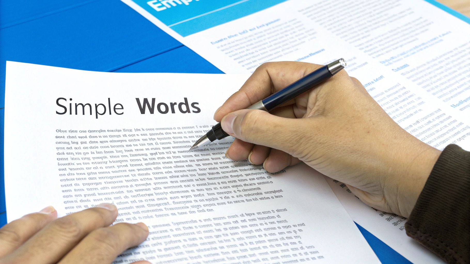 Close-up of hands writing with a pen on a document titled "Simple Words" on a blue surface.