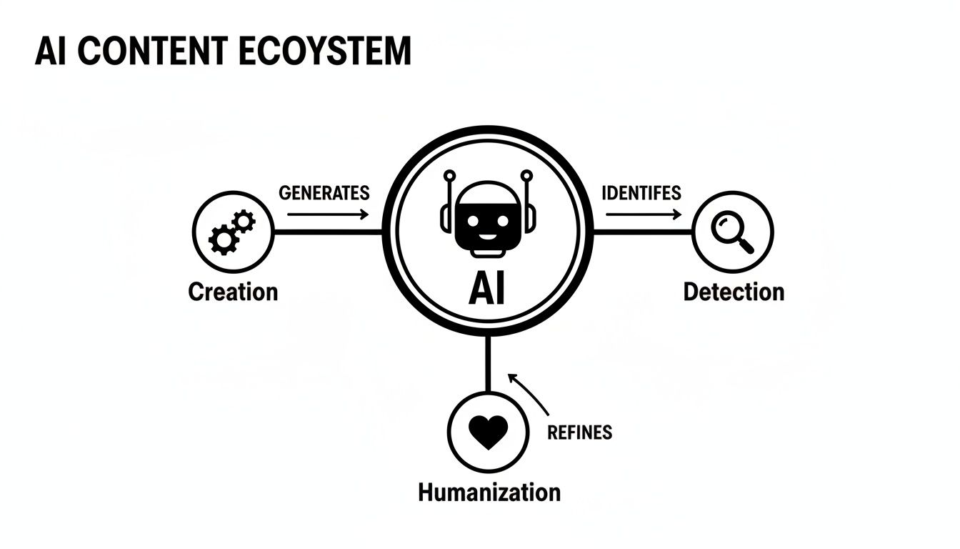 Diagram showing the AI content ecosystem: Creation generates AI, AI identifies detection, and Humanization refines AI.