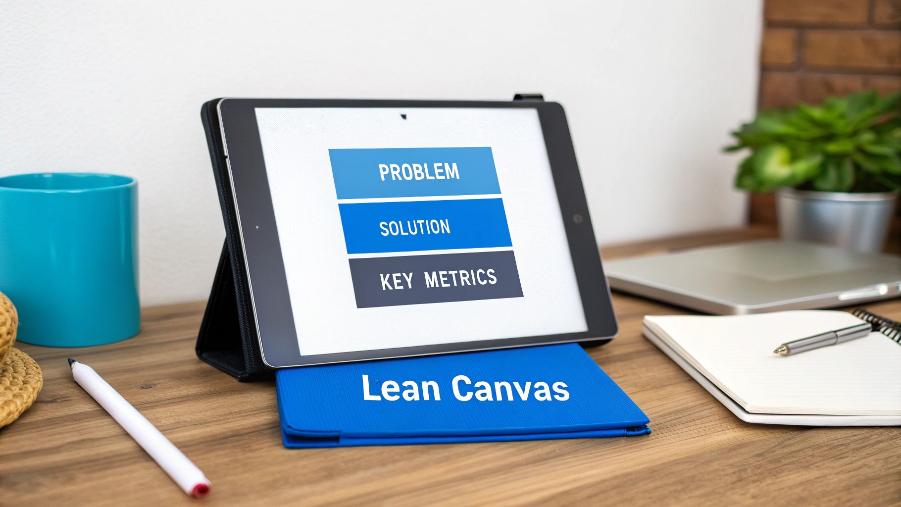 A tablet displays 'Problem', 'Solution', 'Key Metrics' next to a 'Lean Canvas' notebook on a wooden desk.