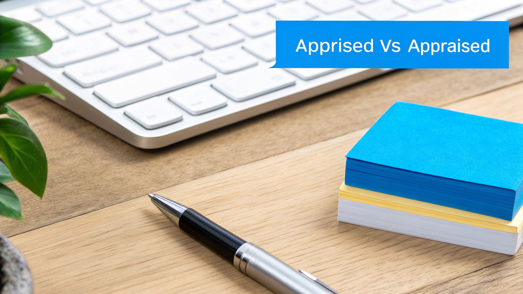 A desk with a keyboard, pen, plant, and colorful paper, showing 'Apprised Vs Appraised'.
