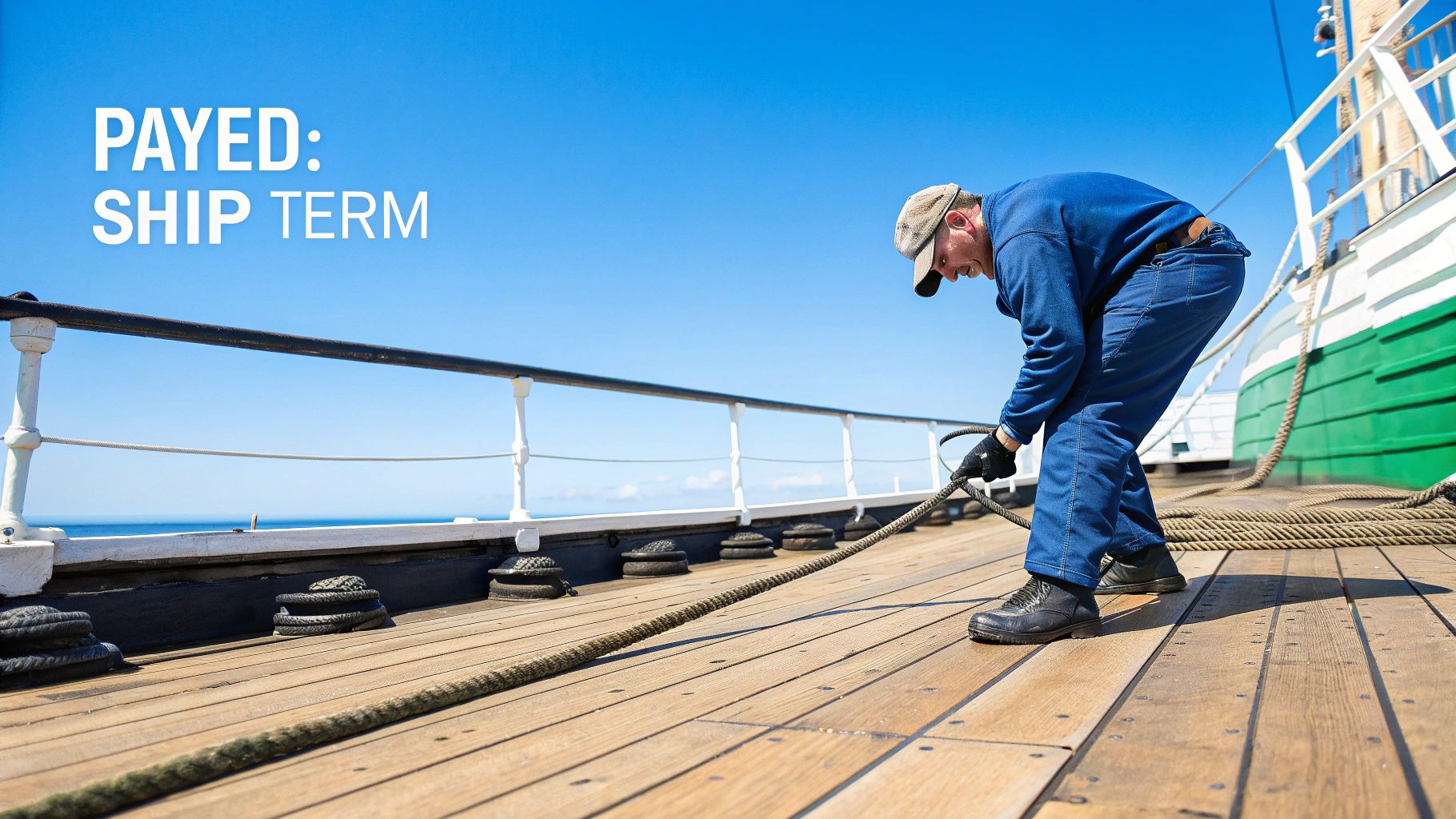 A seaman working with a rope on a wooden ship deck under a clear blue sky.