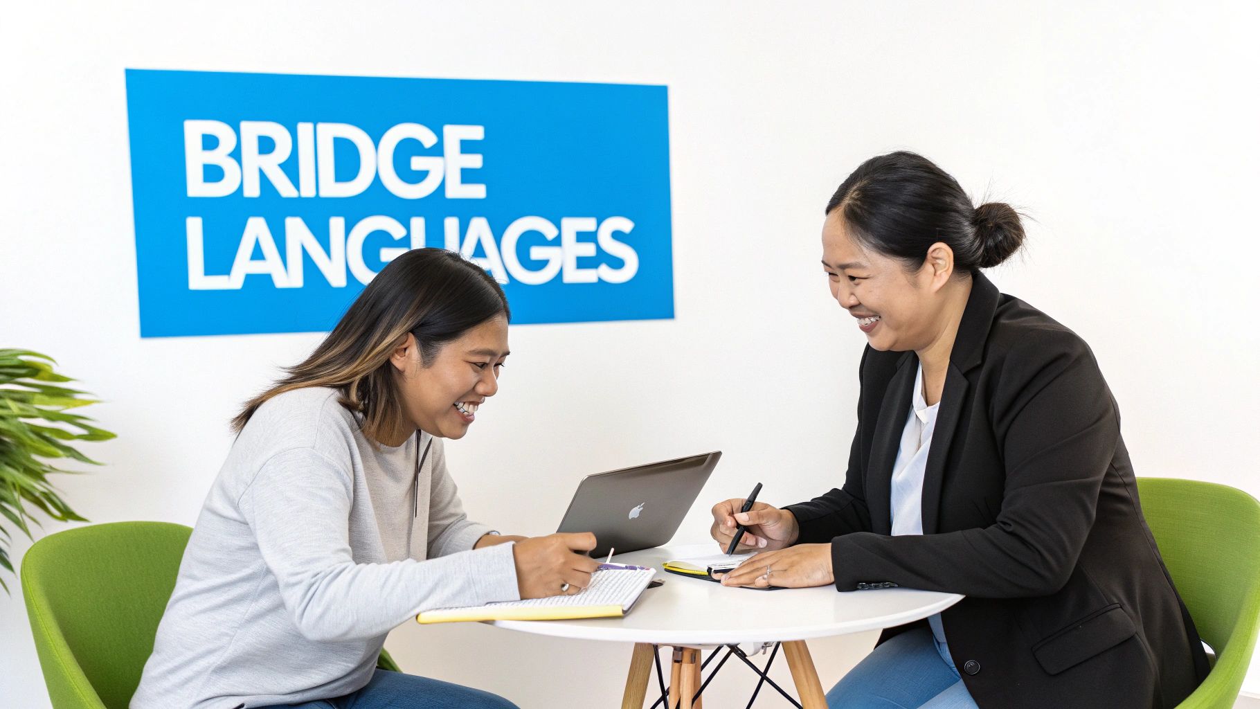 Two smiling women collaborate at a table with a laptop and notebooks at Bridge Languages.