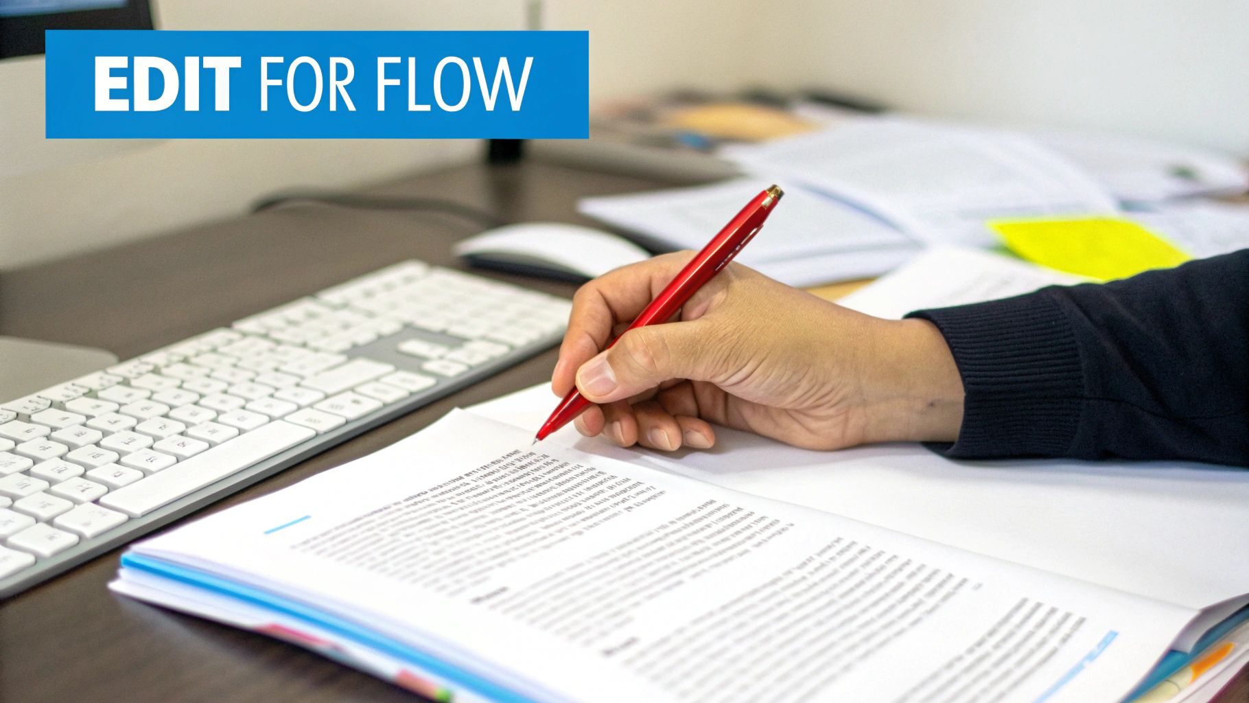 A person editing a document on a computer, with red lines and notes visible, suggesting a manual review process.