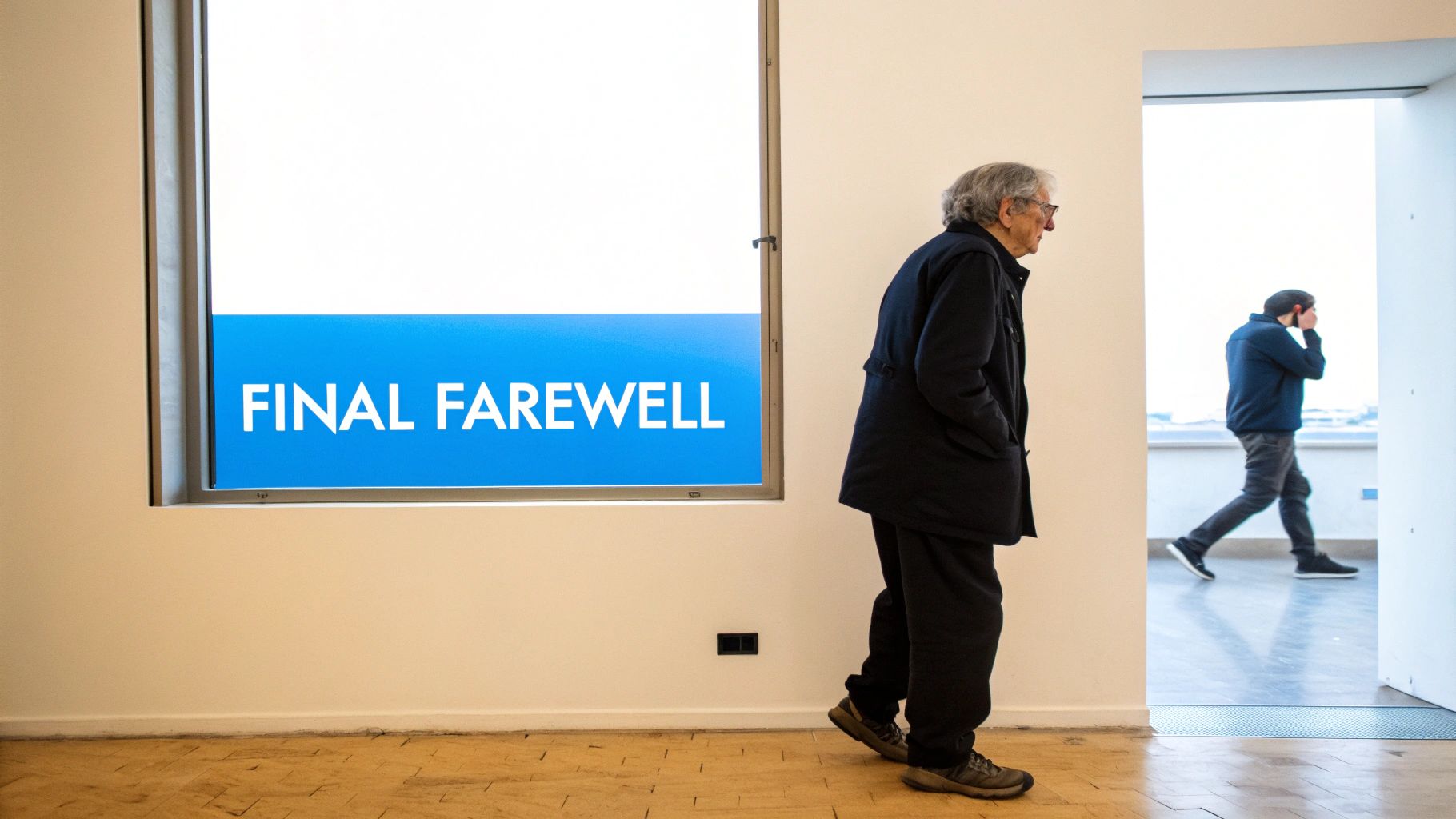 Older man walking past screen displaying final farewell message in modern office setting