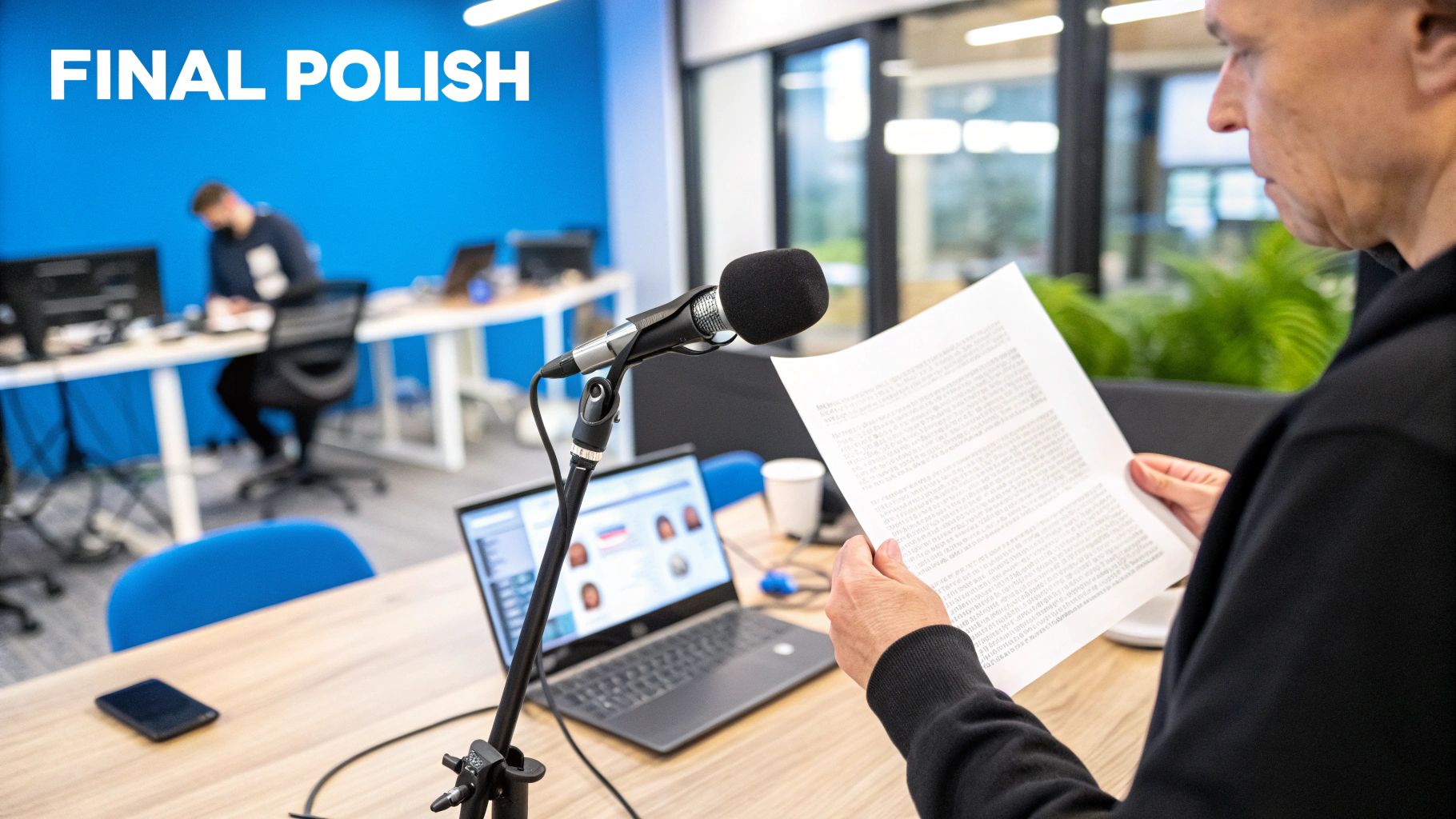 A person sitting at a desk with a laptop, smiling as they make final edits on a document, with soft, creative light in the background.