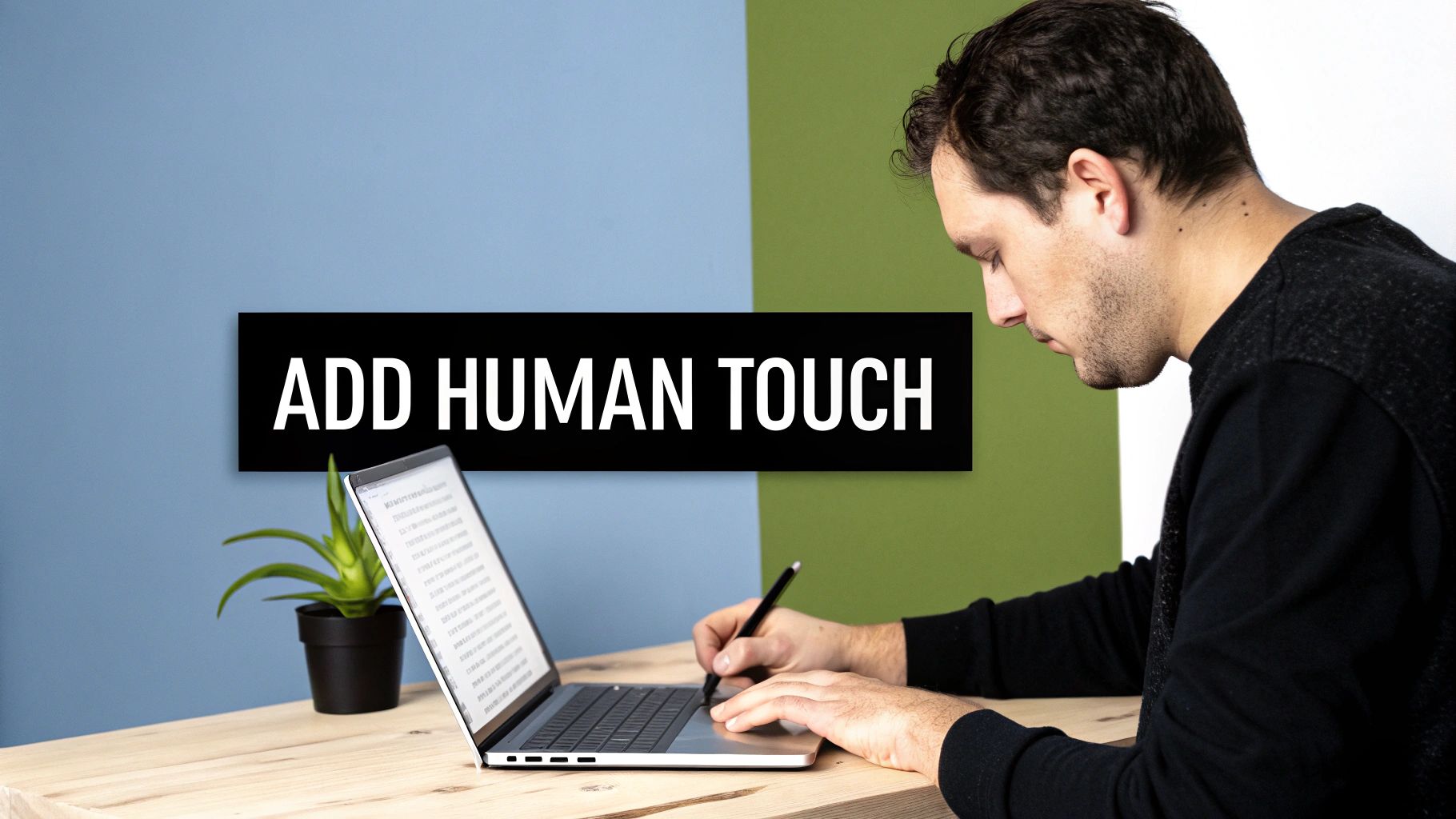 A man at a wooden desk using a laptop and holding a pen, with "ADD HUMAN TOUCH" text.