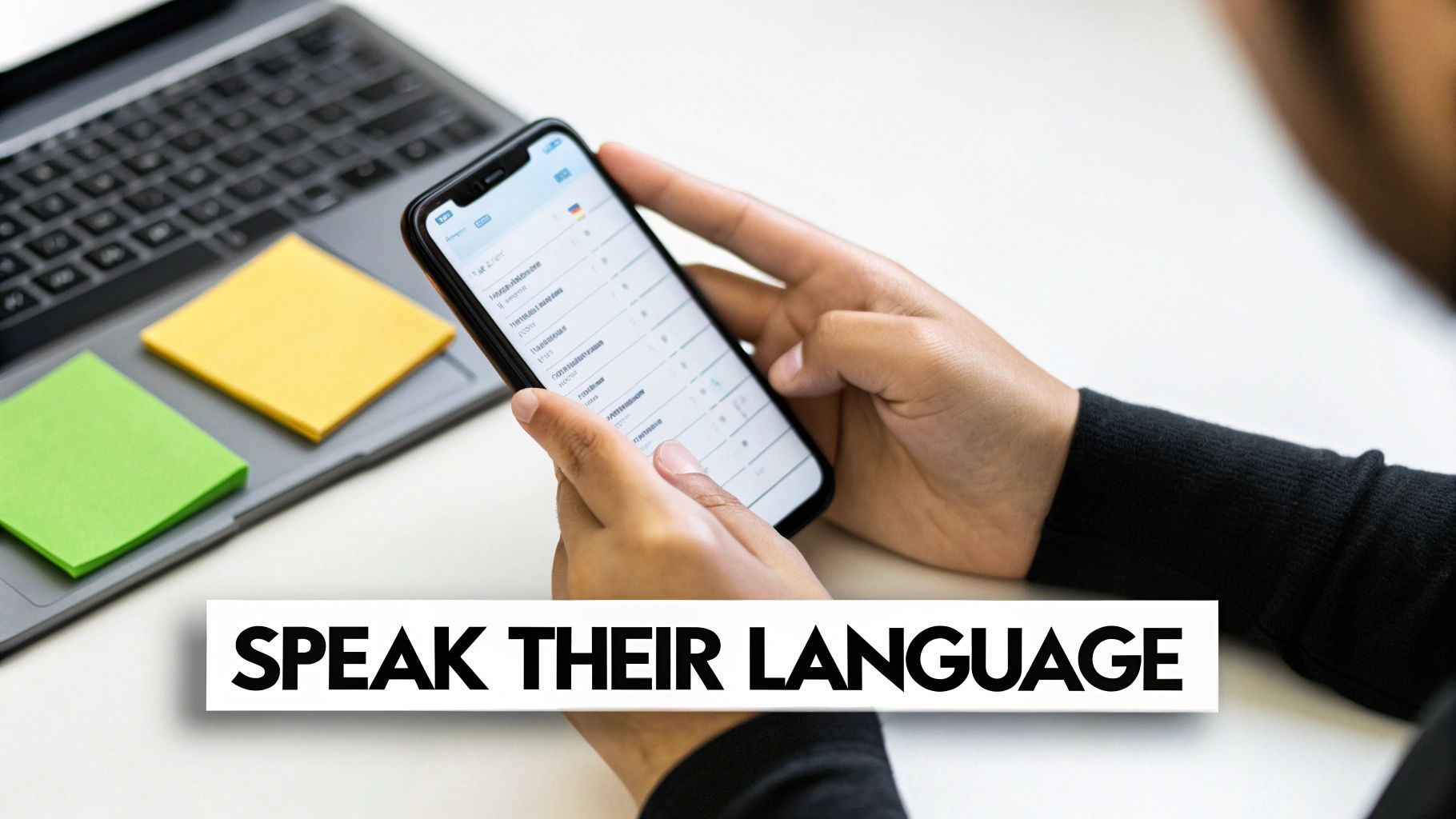 A person holds a smartphone displaying a language translation app, with a laptop and sticky notes nearby.