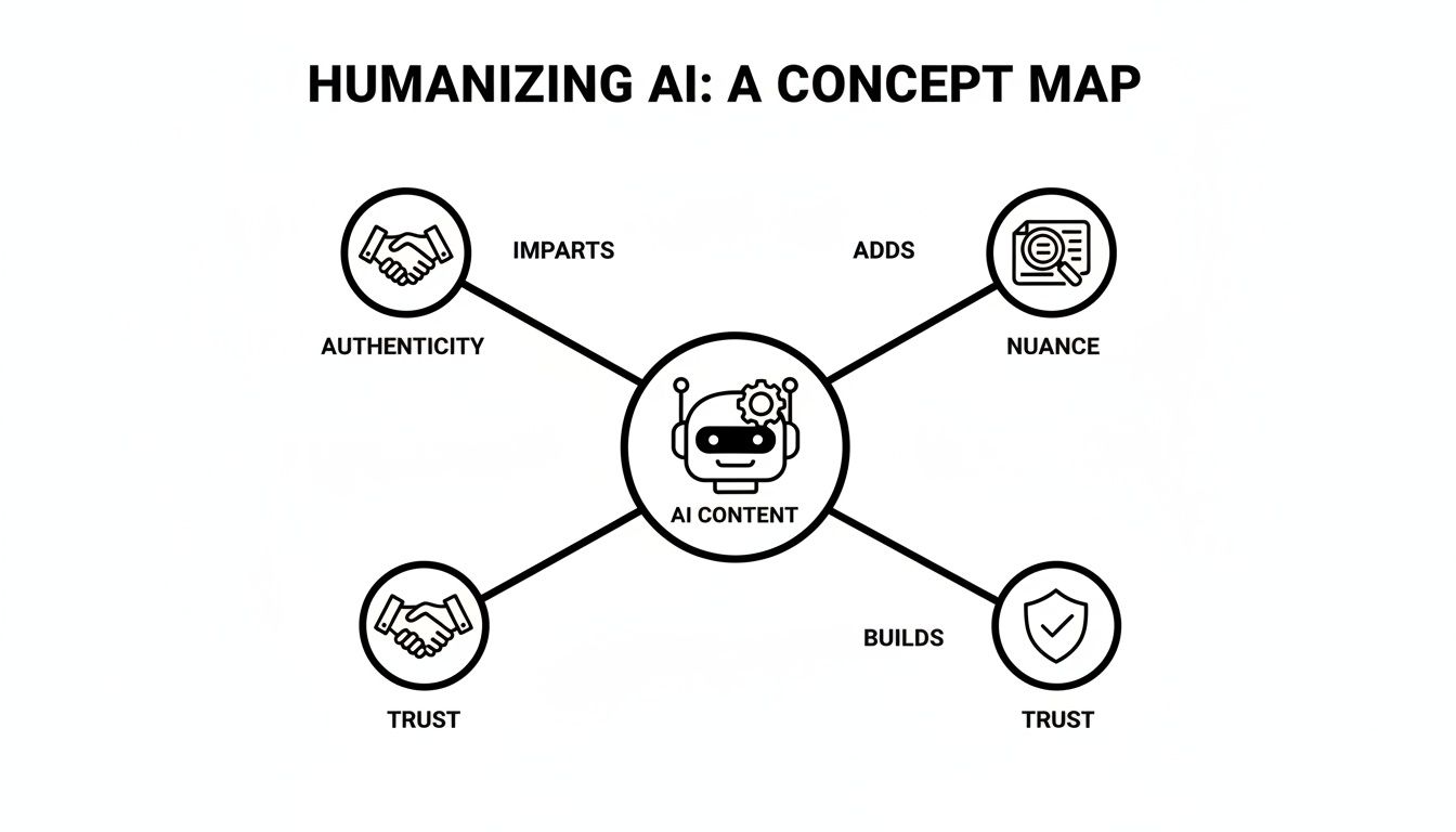 A concept map illustrating how humanizing AI content imparts authenticity, adds nuance, and builds trust.