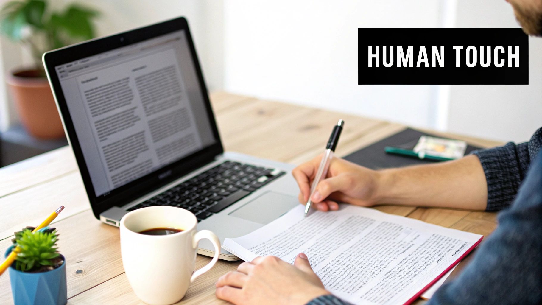 A person writing on paper with a pen, next to a laptop, coffee, and plant on a wooden desk.