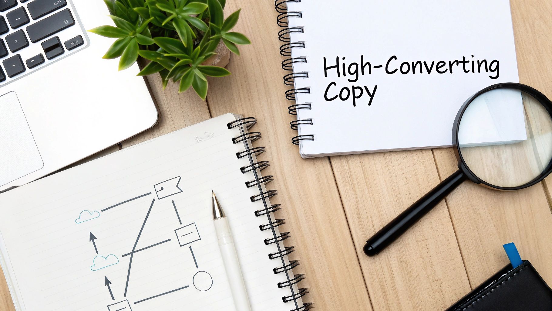 Overhead view of a workspace with a laptop, plant, and two notebooks. One notebook reads 'High-Converting Copy'.