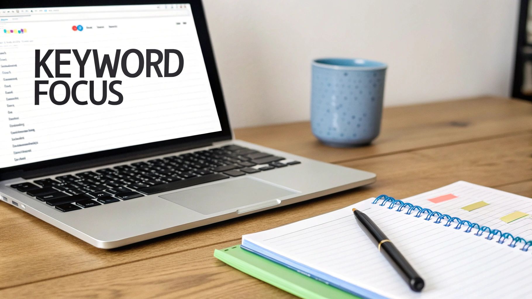 A laptop displays 'KEYWORD FOCUS' on its screen, alongside a notebook, pen, and coffee mug on a wooden desk.