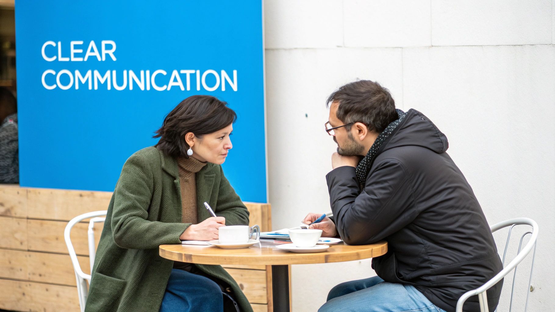 Two people intensely discuss at an outdoor cafe table, with a 'CLEAR COMMUNICATION' sign behind them.