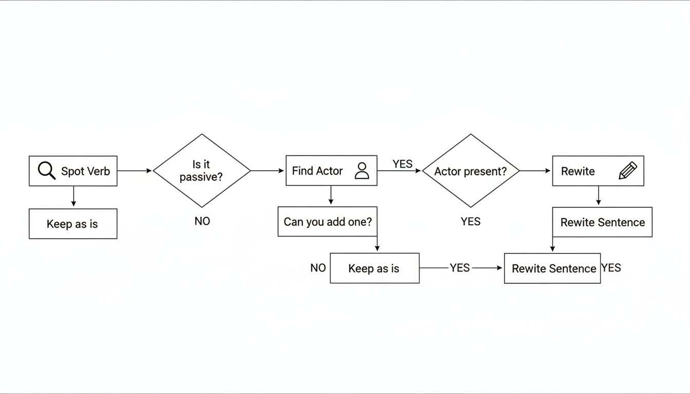 Flowchart detailing steps to identify passive voice, find actors, and rewrite sentences for active voice.