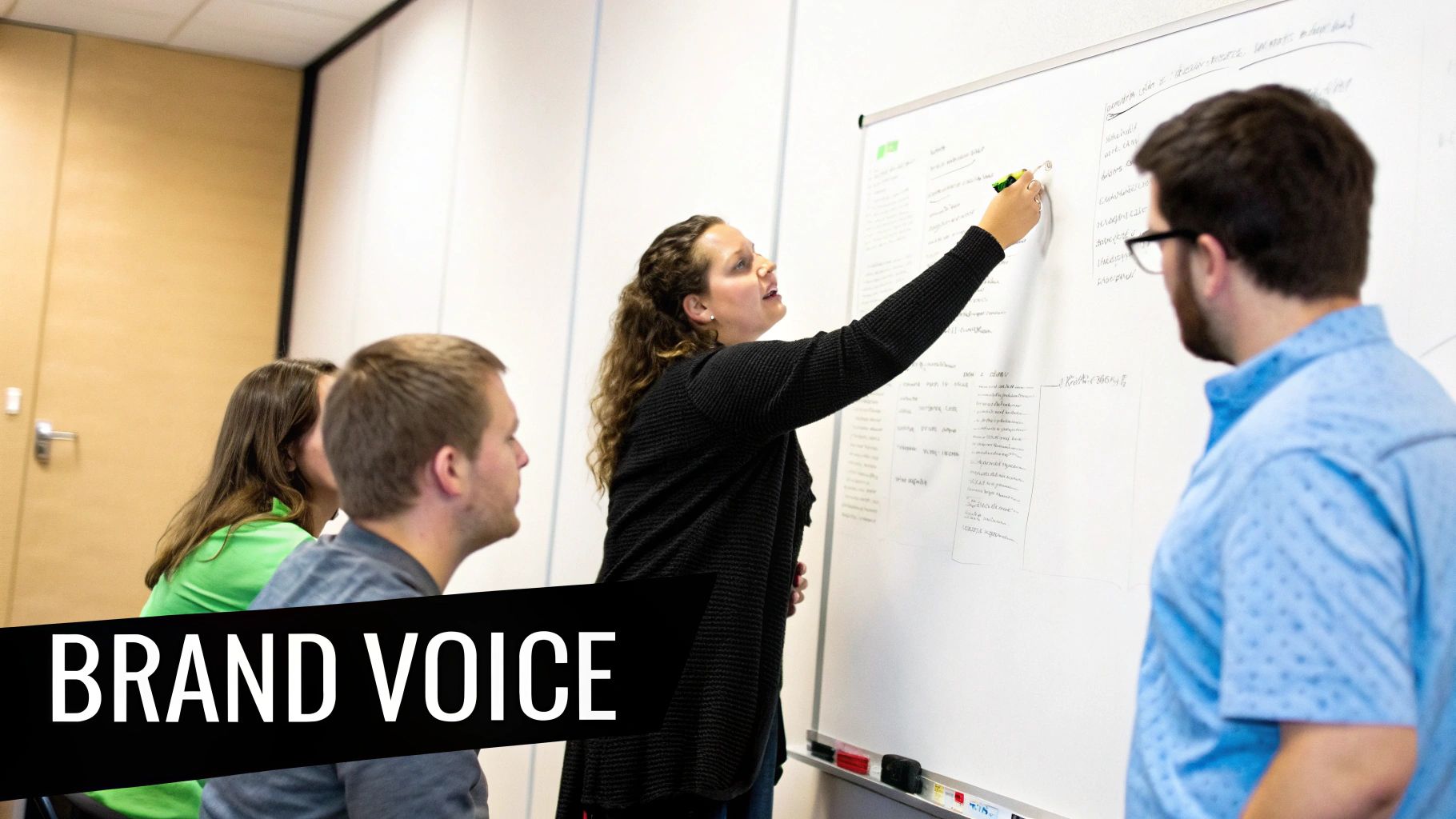 A team collaborates in an office, a woman writes on a whiteboard while colleagues watch.