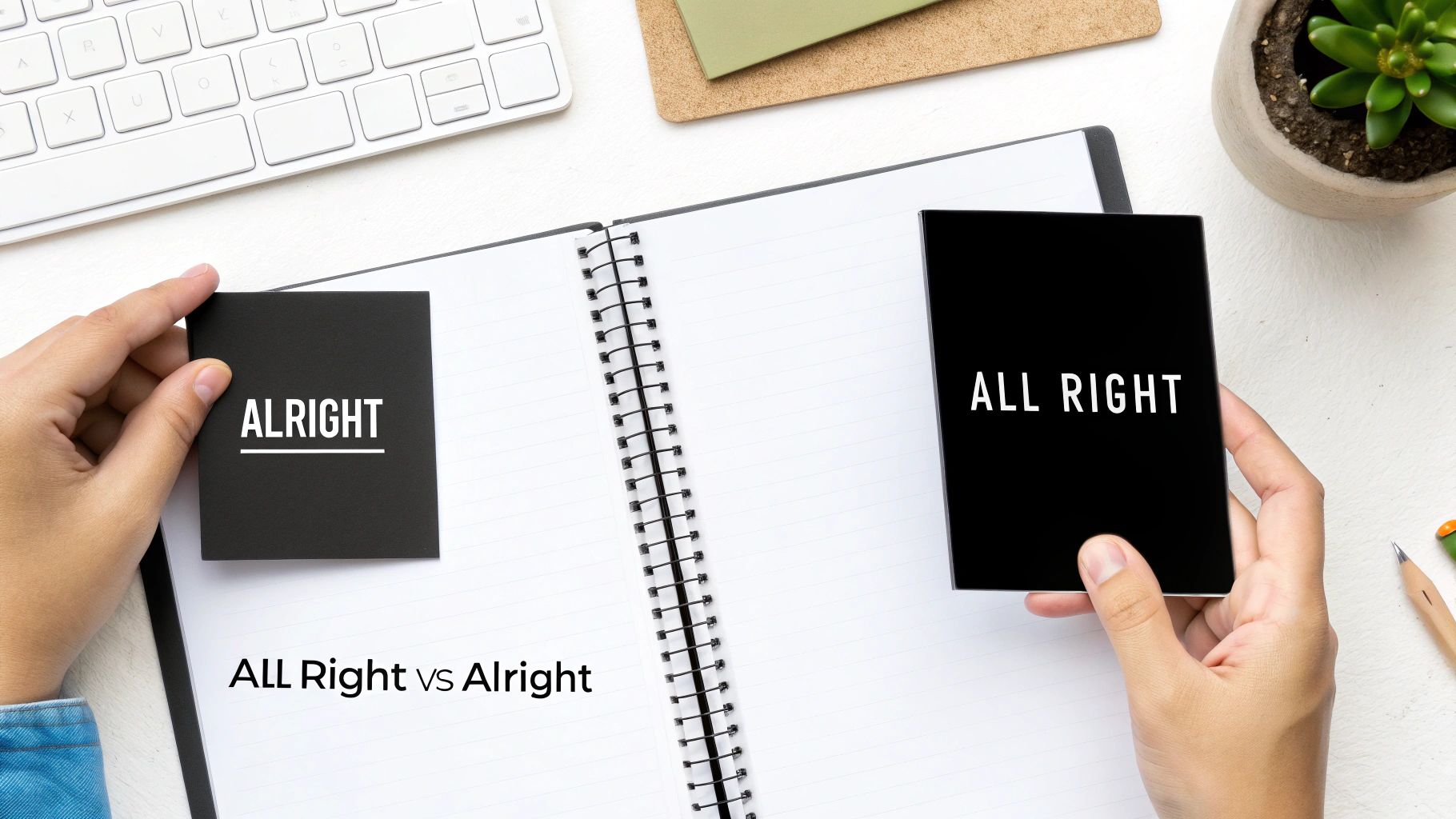 Hands display black cards with 'ALRIGHT' and 'ALL RIGHT' above a notebook comparing their spelling.